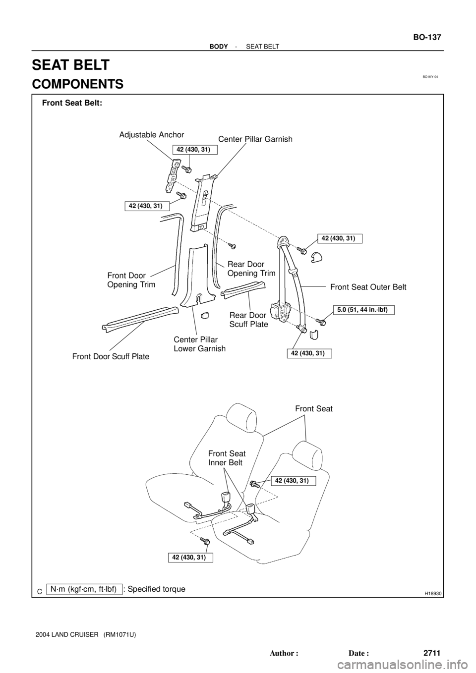 TOYOTA LAND CRUISER 1986  Factory Repair Manual BO1KY-04
H18930
Center Pillar Garnish Adjustable Anchor
Front Door
Opening Trim
Center Pillar
Lower Garnish
Front Door Scuff PlateRear Door
Scuff Plate
Front Seat
Front Seat
Inner BeltRear Door
Openin