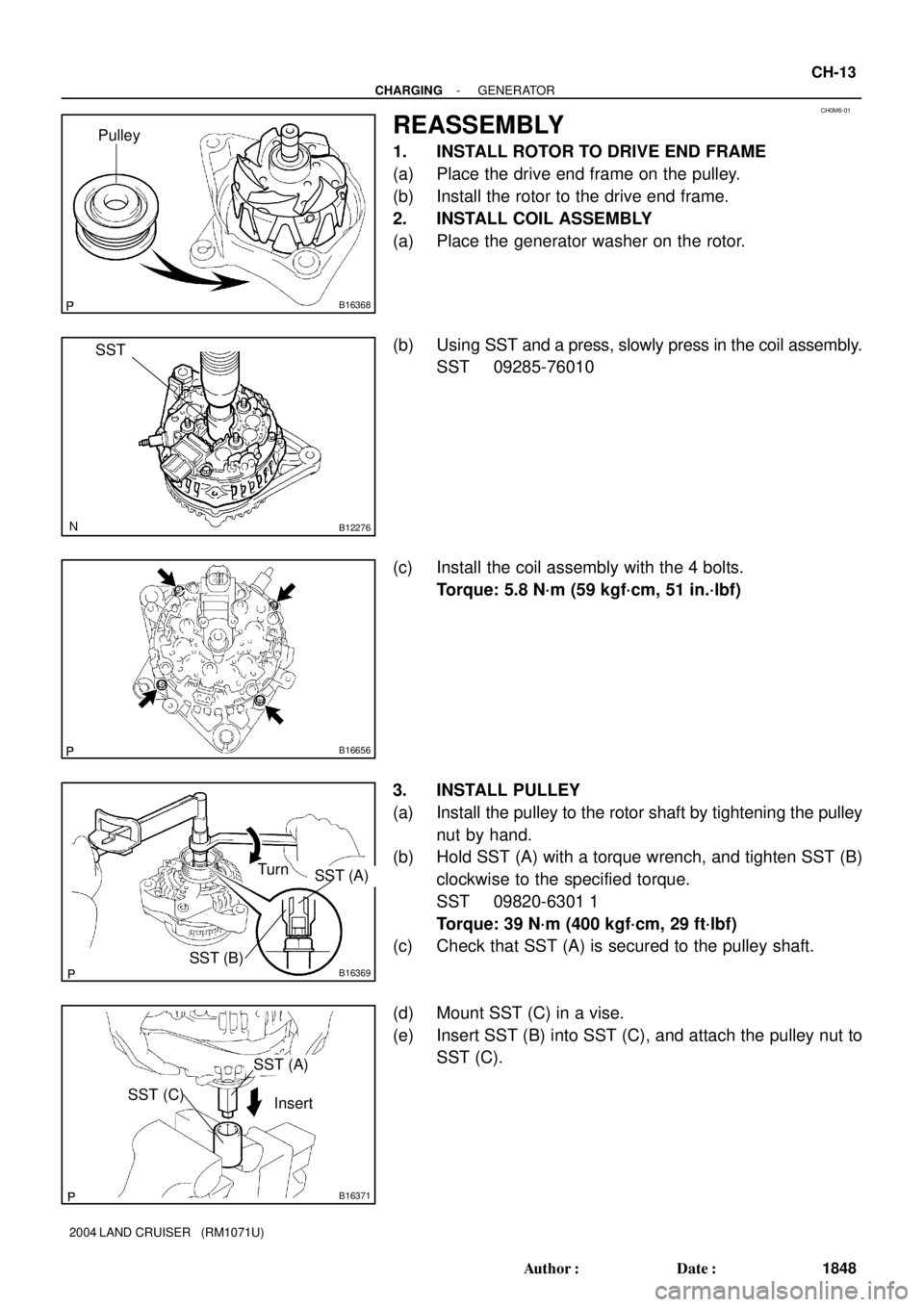TOYOTA LAND CRUISER 1986  Factory Repair Manual CH0M6-01
B16368
Pulley
B12276
SST
B16656
B16369
TurnSST (A)
SST (B)
B16371
SST (C)
SST (A)
Insert
- CHARGINGGENERATOR
CH-13
1848 Author: Date:
2004 LAND CRUISER   (RM1071U)
REASSEMBLY
1. INSTALL ROT