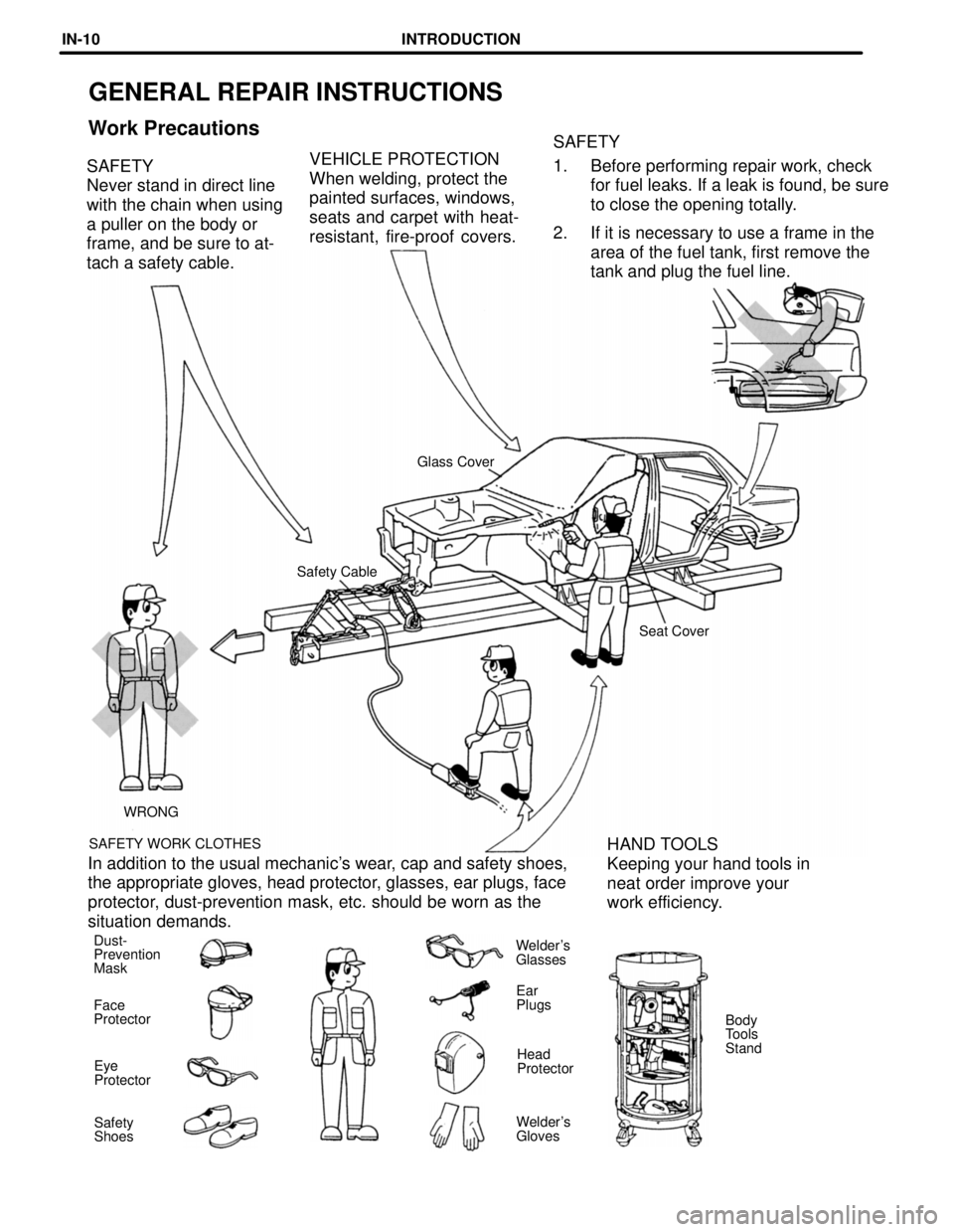 TOYOTA LAND CRUISER 1986  Factory Repair Manual GENERAL REPAIR INSTRUCTIONS
Work PrecautionsSAFETY
1. Before performing repair work, check
for fuel leaks. If a leak is found, be sure
to close the opening totally.
2. If it is necessary to use a fram