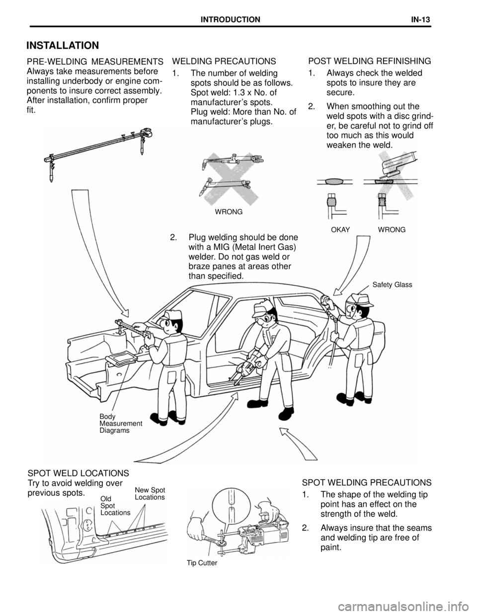 TOYOTA LAND CRUISER 1986  Factory Repair Manual INSTALLATION
PRE-WELDING MEASUREMENTS
Always take measurements before
installing underbody or engine com-
ponents to insure correct assembly.
After installation, confirm proper
fit.WELDING PRECAUTIONS
