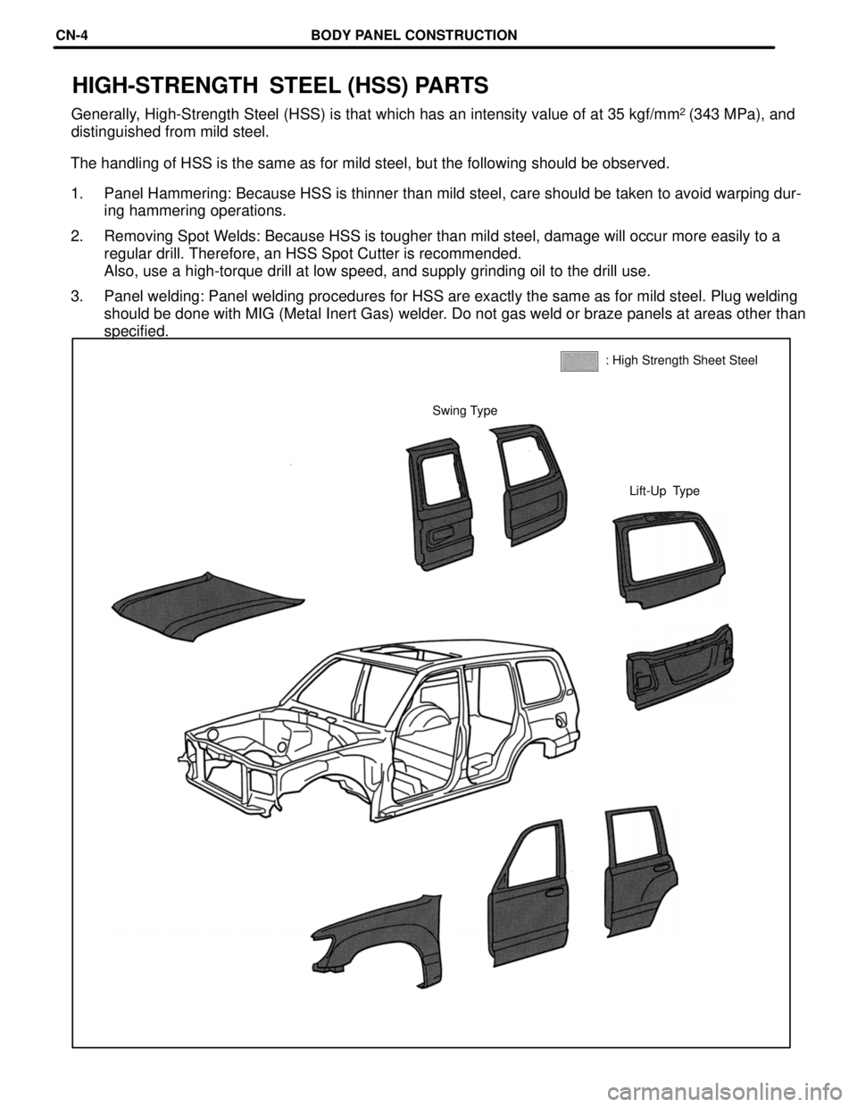 TOYOTA LAND CRUISER 1986  Factory Repair Manual Lift-Up Type Swing Type: High Strength Sheet Steel
HIGH-STRENGTH  STEEL (HSS) PARTS
Generally, High-Strength Steel (HSS) is that which has an intensity value of at 35 kgf/mm2 (343 MPa), and
distinguis