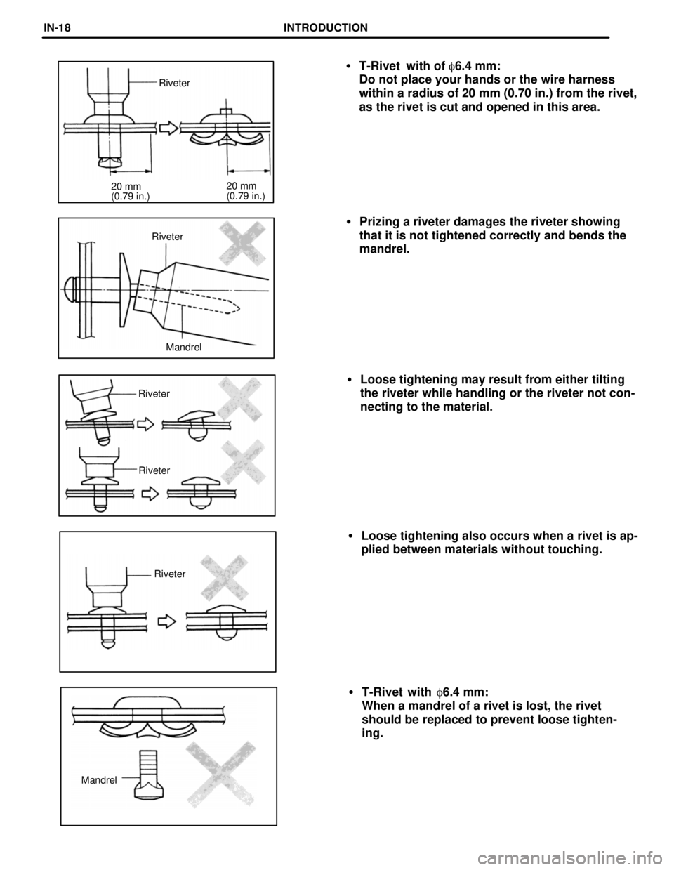 TOYOTA LAND CRUISER 1986  Factory Repair Manual MandrelRiveter Riveter RiveterMandrel Riveter20 mm
(0.79 in.) 20 mm
(0.79 in.)Riveter
T-Rivet  with of 6.4 mm:
Do not place your hands or the wire harness
within a radius of 20 mm (0.70 in.) from th