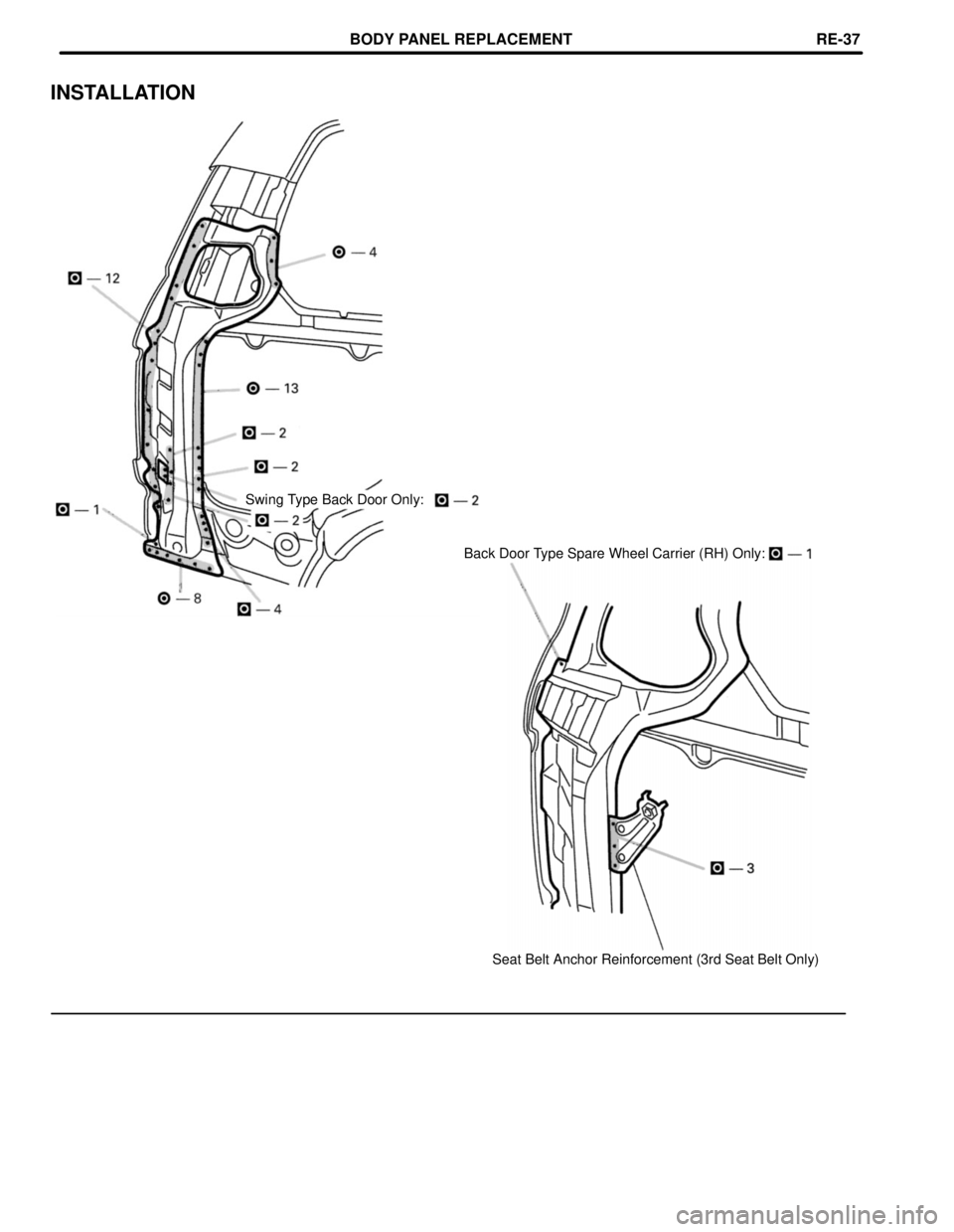 TOYOTA LAND CRUISER 1986  Factory Repair Manual Swing Type Back Door Only:
INSTALLATION
Back Door Type Spare Wheel Carrier (RH) Only:
Seat Belt Anchor Reinforcement (3rd Seat Belt Only)
BODY PANEL REPLACEMENTRE-37 
