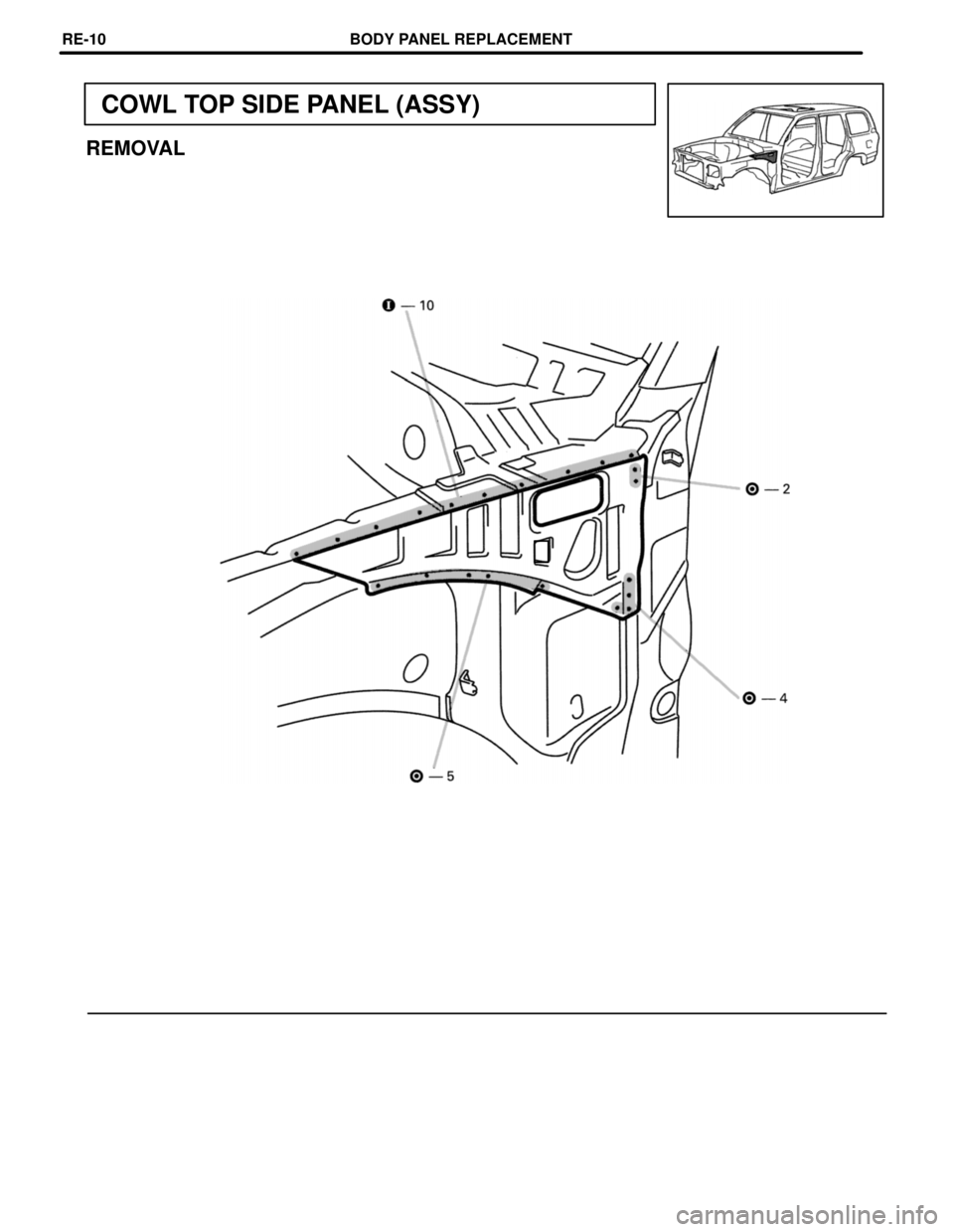 TOYOTA LAND CRUISER 1986  Factory Repair Manual COWL TOP SIDE PANEL (ASSY)
REMOVAL
BODY PANEL REPLACEMENTRE-10 
