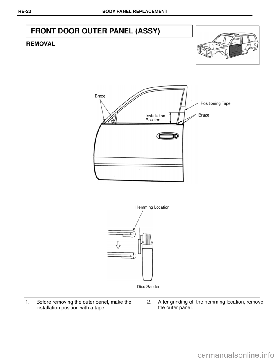 TOYOTA LAND CRUISER 1986  Factory Repair Manual FRONT DOOR OUTER PANEL (ASSY)
REMOVAL
Braze
Positioning Tape
Braze
Installation
Position
Hemming Location
Disc Sander
2. After grinding off the hemming location, remove
the outer panel. 1. Before remo