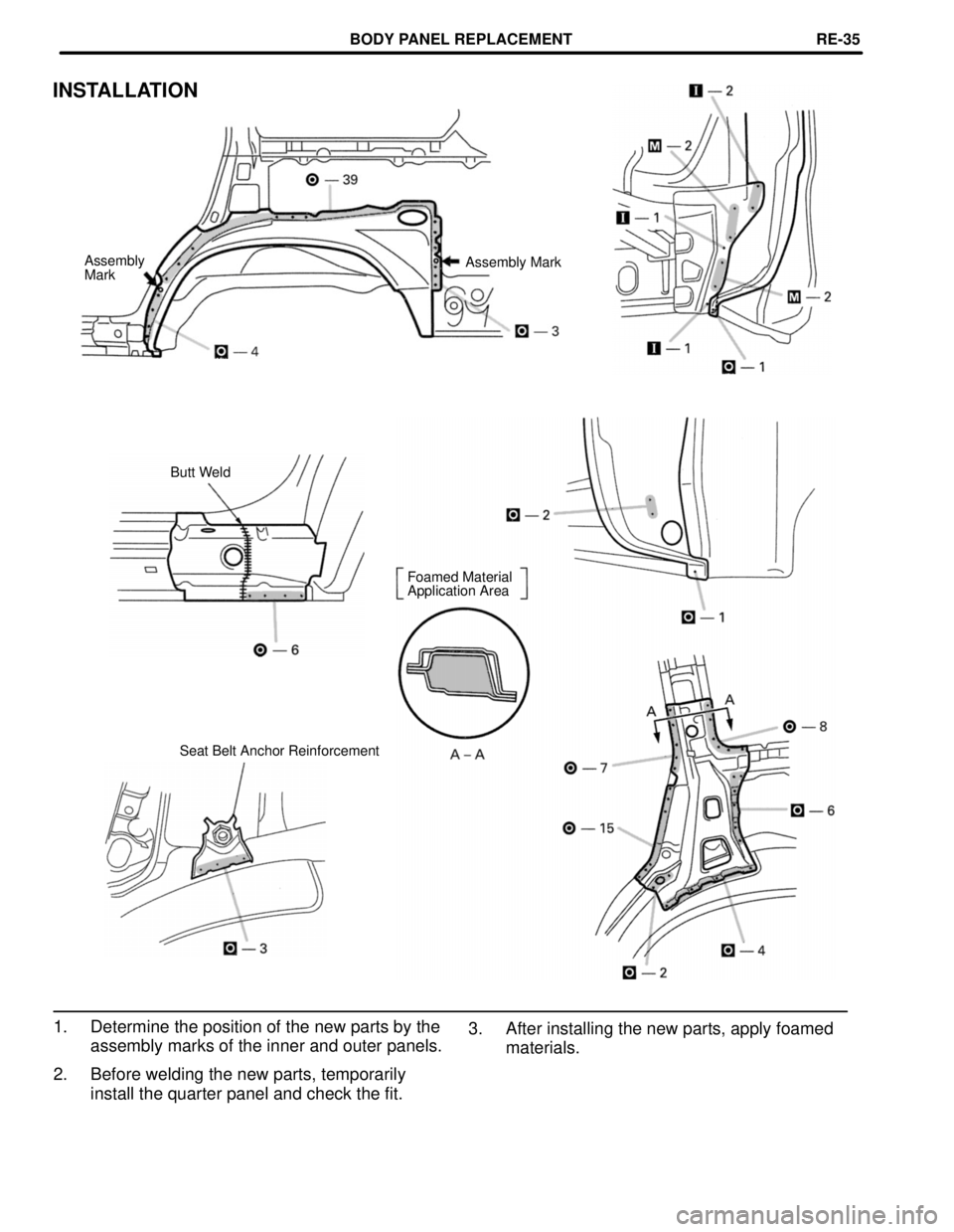 TOYOTA LAND CRUISER 1986  Factory Repair Manual INSTALLATION
Assembly
MarkAssembly Mark
Butt Weld
Foamed Material
Application Area
Seat Belt Anchor Reinforcement
3. After installing the new parts, apply foamed
materials. 1. Determine the position o