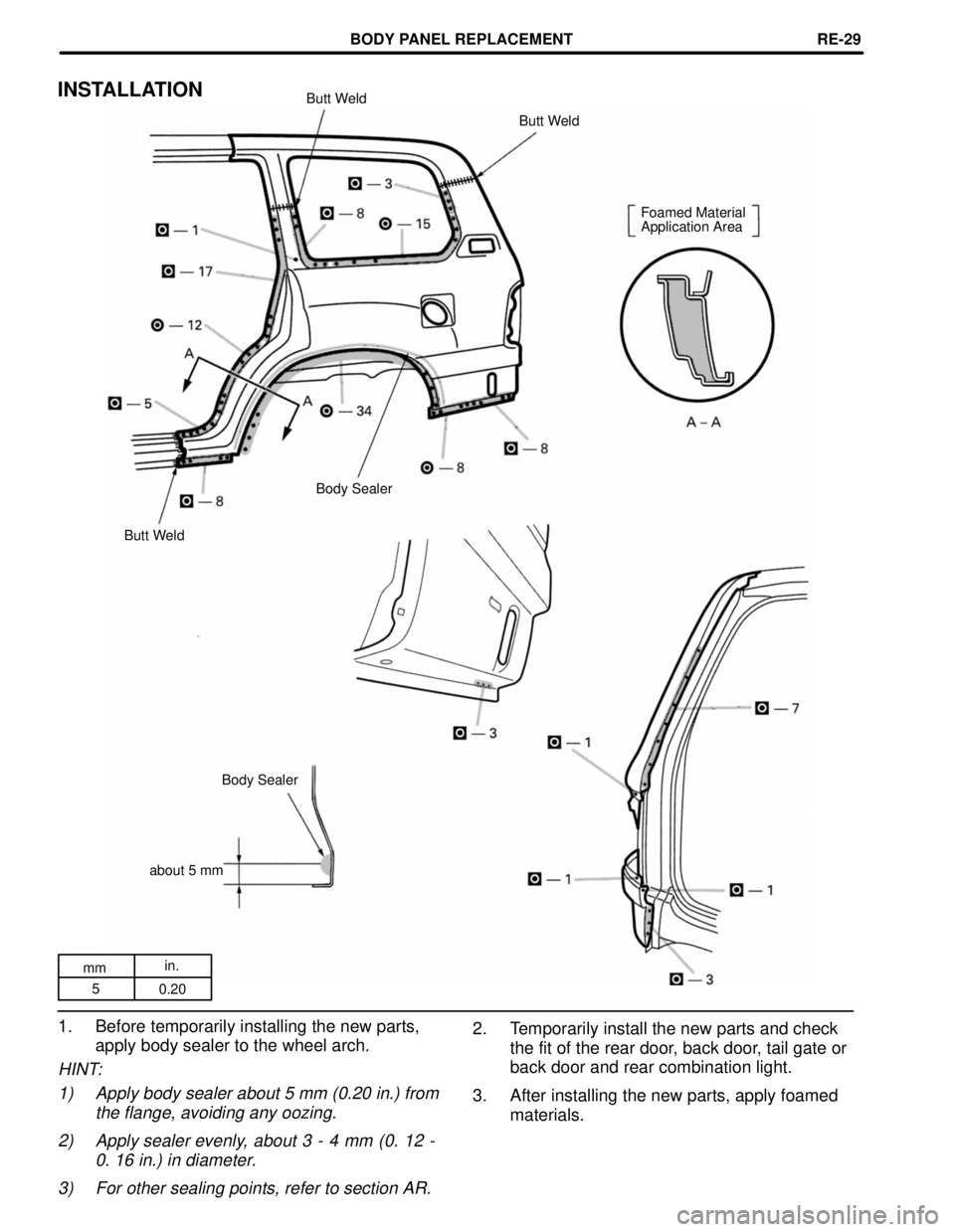 TOYOTA LAND CRUISER 1986  Factory Repair Manual mmin.
5
0.20
INSTALLATIONButt Weld
Butt Weld
Foamed Material
Application Area
Body Sealer
Butt Weld
Body Sealer
about 5 mm
1. Before temporarily installing the new parts,
apply body sealer to the whee