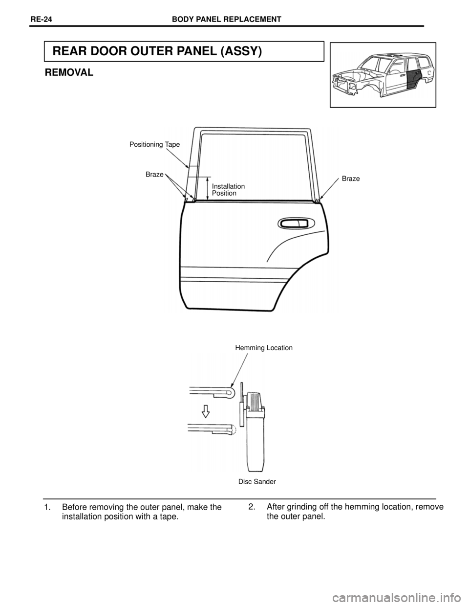 TOYOTA LAND CRUISER 1986  Factory Repair Manual REAR DOOR OUTER PANEL (ASSY)
REMOVAL
Positioning Tape
Braze
Braze
Installation
Position
Hemming Location
Disc Sander
2. After grinding off the hemming location, remove
the outer panel. 1. Before remov