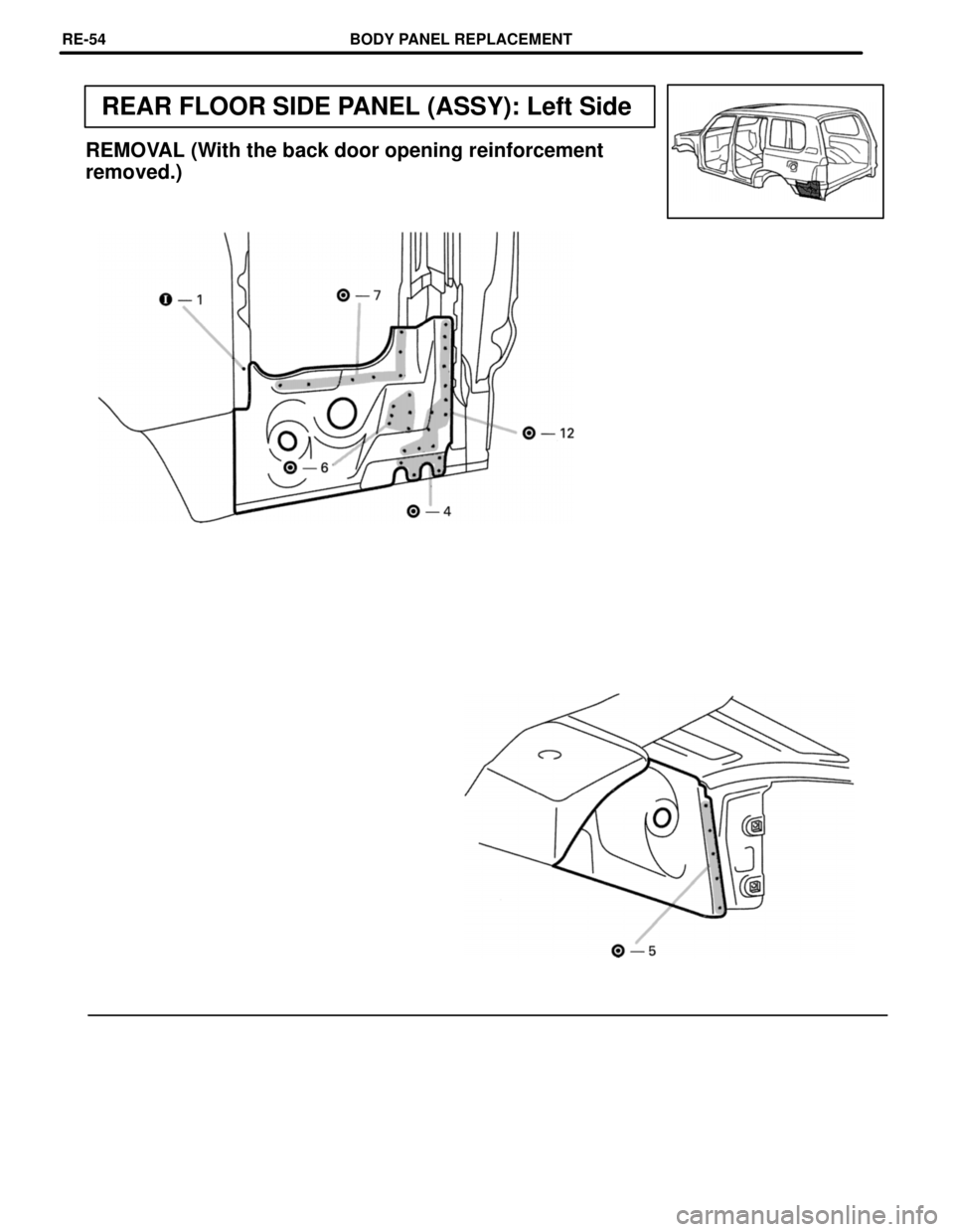 TOYOTA LAND CRUISER 1986  Factory Repair Manual REAR FLOOR SIDE PANEL (ASSY): Left Side
REMOVAL (With the back door opening reinforcement
removed.)
BODY PANEL REPLACEMENTRE-54 