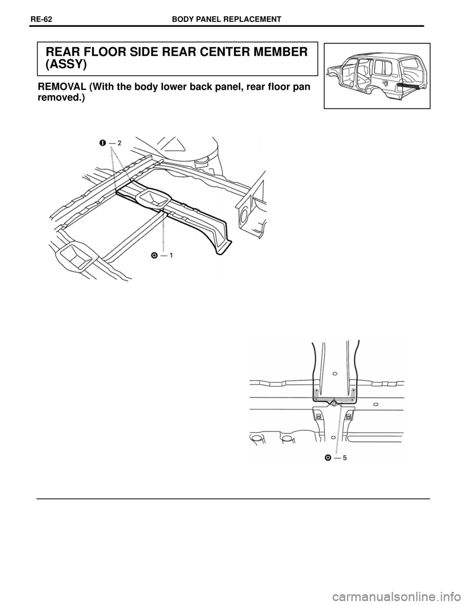 TOYOTA LAND CRUISER 1986 Factory Repair Manual REAR FLOOR SIDE REAR CENTER MEMBER
(ASSY)
REMOVAL (With the body lower back panel, rear floor pan
removed.)
BODY PANEL REPLACEMENTRE-62 TOYOTA LAND CRUISER 1986 Factory Repair Manual REAR FLOOR SIDE REAR CENTER MEMBER
(ASSY)
REMOVAL (With the body lower back panel, rear floor pan
removed.)
BODY PANEL REPLACEMENTRE-62