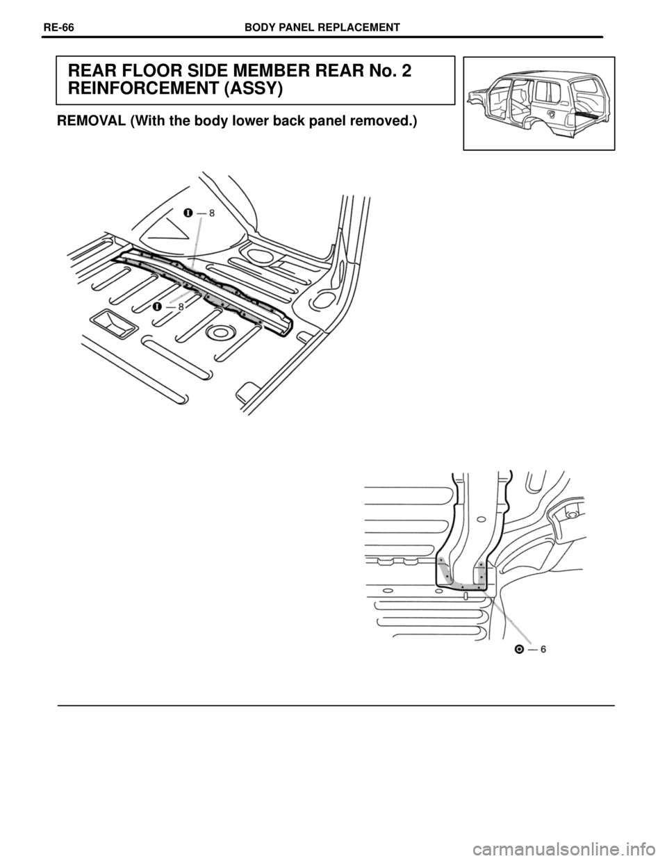 TOYOTA LAND CRUISER 1986 Factory Repair Manual REAR FLOOR SIDE MEMBER REAR No. 2
REINFORCEMENT (ASSY)
REMOVAL (With the body lower back panel removed.)
BODY PANEL REPLACEMENTRE-66 TOYOTA LAND CRUISER 1986 Factory Repair Manual REAR FLOOR SIDE MEMBER REAR No. 2
REINFORCEMENT (ASSY)
REMOVAL (With the body lower back panel removed.)
BODY PANEL REPLACEMENTRE-66