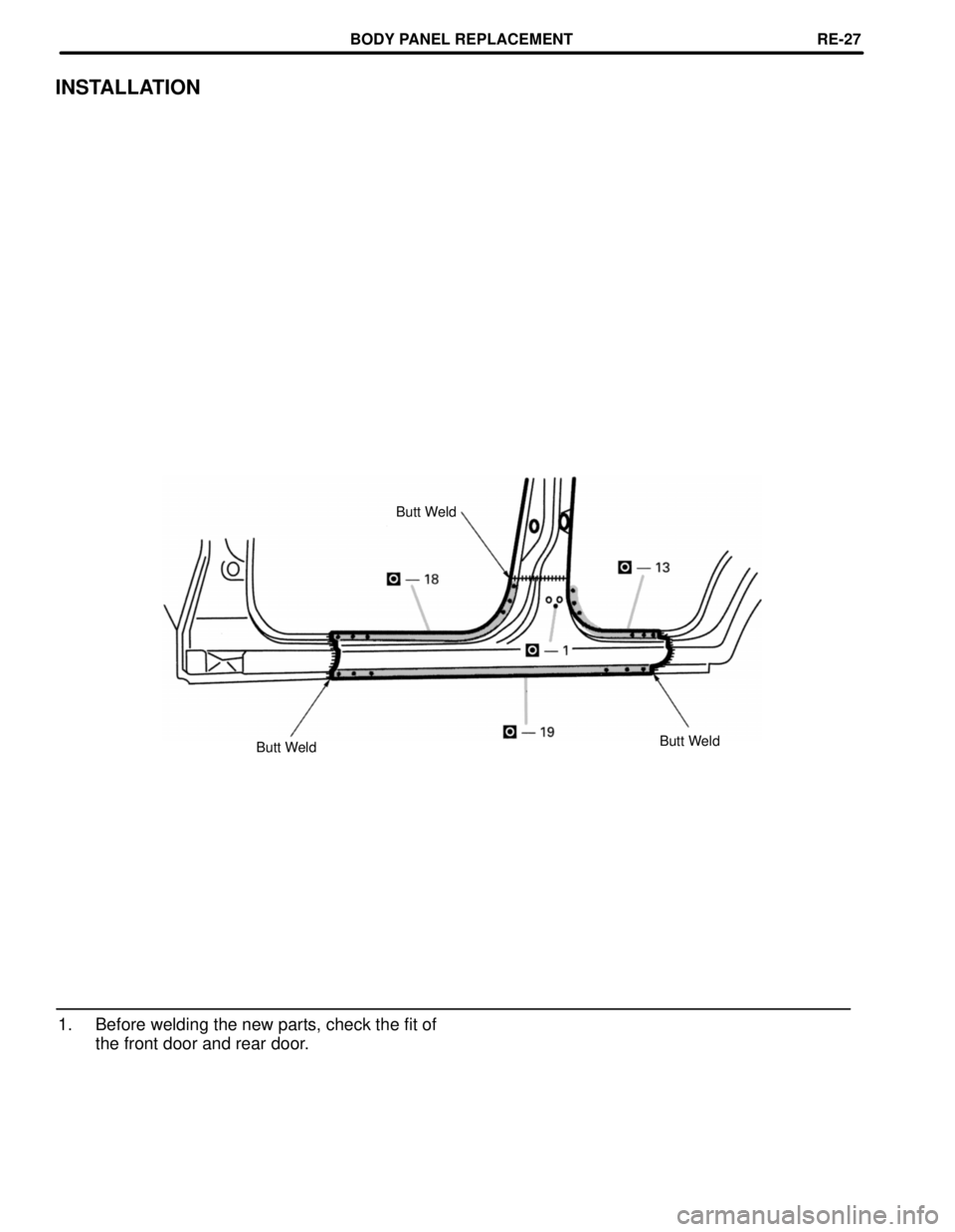 TOYOTA LAND CRUISER 1986  Factory Repair Manual INSTALLATION
Butt Weld
Butt Weld
Butt Weld
1. Before welding the new parts, check the fit of
the front door and rear door.
BODY PANEL REPLACEMENTRE-27 
