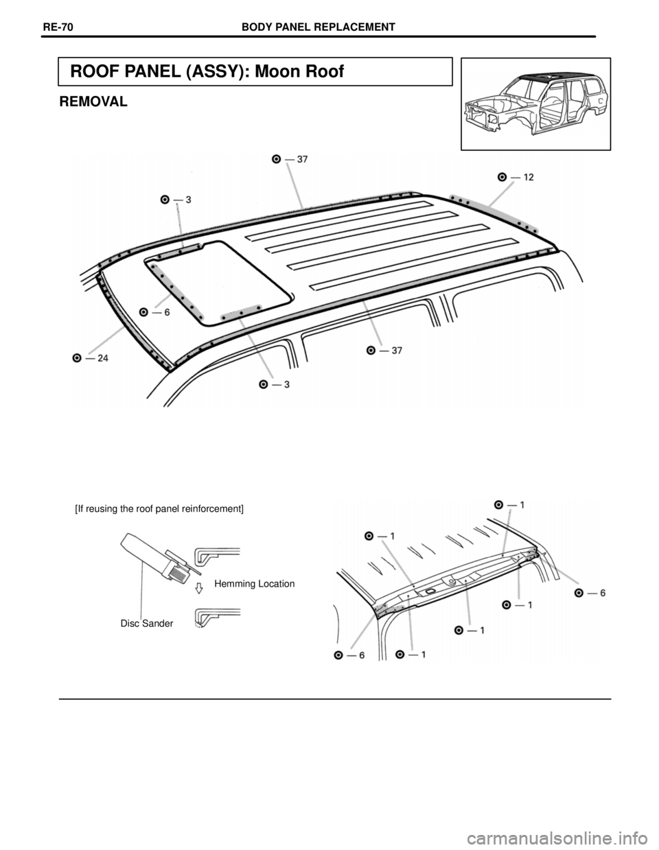 TOYOTA LAND CRUISER 1986  Factory Repair Manual ROOF PANEL (ASSY): Moon Roof
REMOVAL
[If reusing the roof panel reinforcement]
Hemming Location
Disc Sander
BODY PANEL REPLACEMENTRE-70 