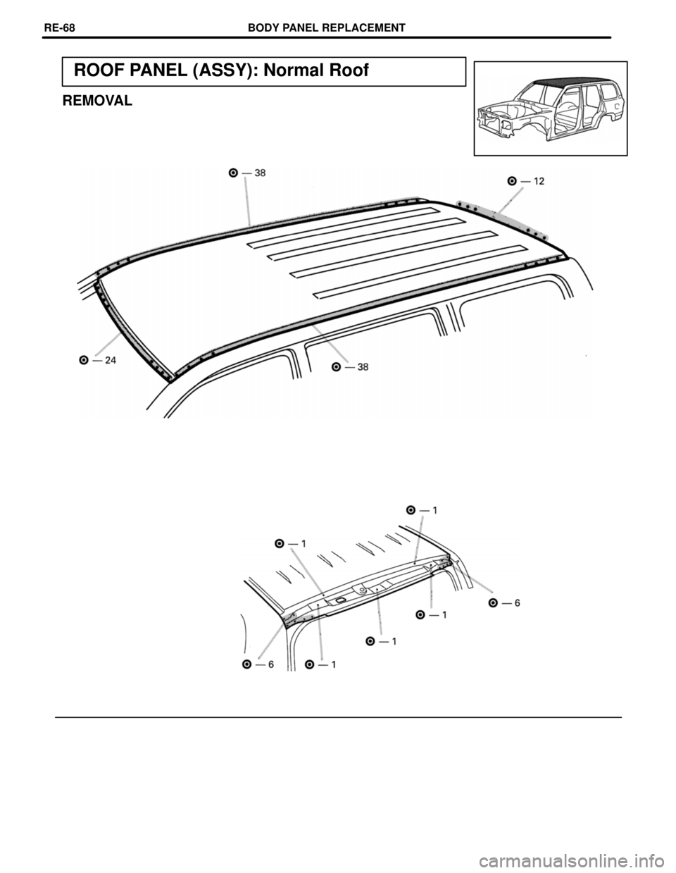 TOYOTA LAND CRUISER 1986  Factory Repair Manual ROOF PANEL (ASSY): Normal Roof
REMOVAL
BODY PANEL REPLACEMENTRE-68 