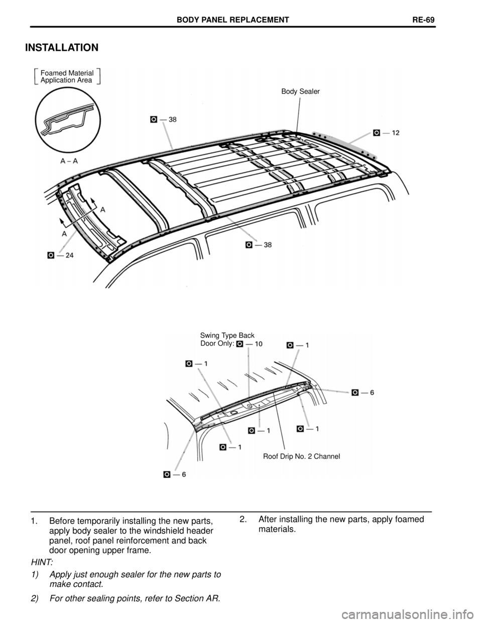 TOYOTA LAND CRUISER 1986  Factory Repair Manual INSTALLATION
Foamed Material
Application Area
Body Sealer
Swing Type Back
Door Only:
Roof Drip No. 2 Channel
1. Before temporarily installing the new parts,
apply body sealer to the windshield header
