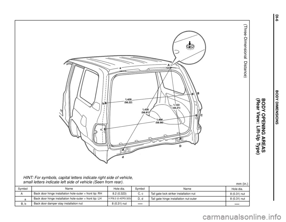 TOYOTA LAND CRUISER 1986  Factory Repair Manual HINT: For symbols, capital letters indicate right side of vehicle,
small letters indicate left side of vehicle (Seen from rear).
mm (in.)
(Three-Dimensional  Distance)
Hole dia.
8 (0.31) nut
8 (0.31) 