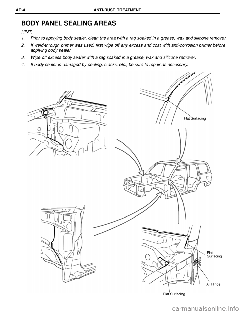TOYOTA LAND CRUISER 1986  Factory Repair Manual BODY PANEL SEALING AREAS
HINT:
1. Prior to applying body sealer, clean the area with a rag soaked in a grease, wax and silicone remover.
2. If weld-through primer was used, first wipe off any excess a