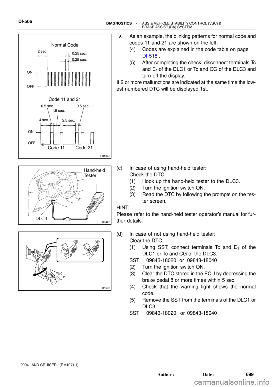 TOYOTA LAND CRUISER 1986  Factory Repair Manual R01346
Normal Code
0.25 sec.
0.25 sec. 2 sec.
ON
OFF
ON
OFF0.5 sec. 0.5 sec.
Code 11 and 21
4 sec.1.5 sec.
2.5 sec.
Code 11 Code 21
F06425
Hand-held
Tester
DLC3
F05576
DI-506- DIAGNOSTICSABS & VEHICLE