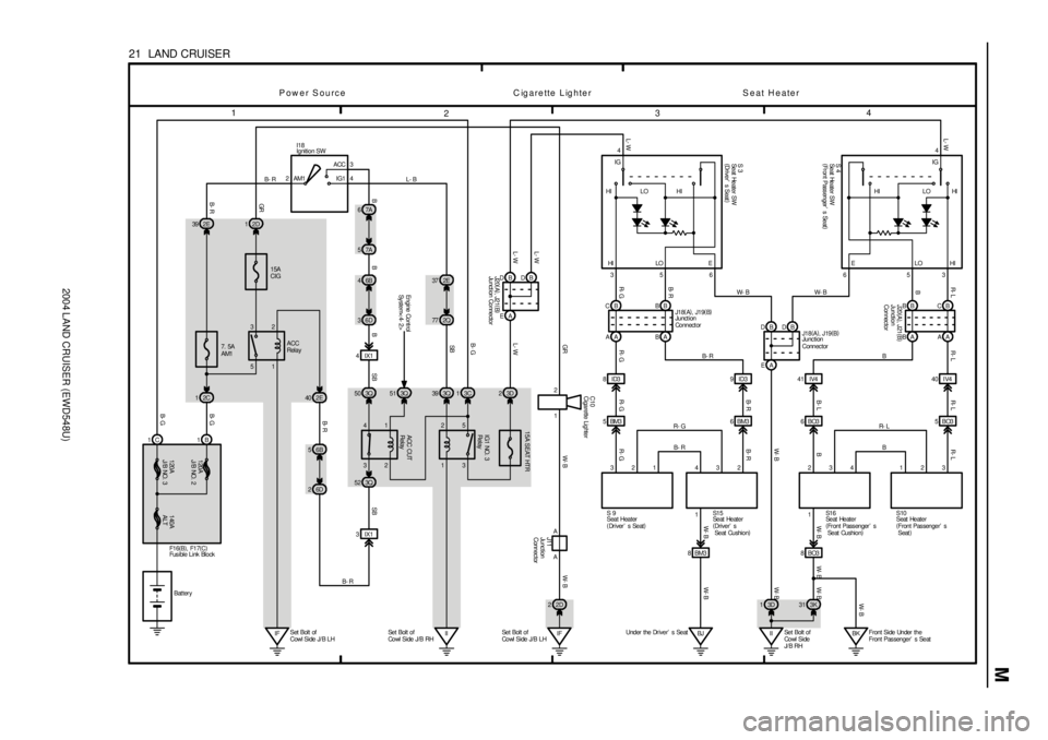 TOYOTA LAND CRUISER 1998 Factory Repair Manual 2004 LAND CRUISER (EWD548U)
M
1
234
21 LAND CRUISER
2ACC
IG1 AM13
B- R
1 2
5 315A
CIG 2D 1 2E 39
7. 5A
AM1
2C 1
IFSet Bolt of
Cowl Side J/ B LH 1C 1B6B 4
6D 3
3Q 50 3Q51
3 4
2 1 2E 40
6B 5
6D 2
3IX TOYOTA LAND CRUISER 1998 Factory Repair Manual 2004 LAND CRUISER (EWD548U)
M
1
234
21 LAND CRUISER
2ACC
IG1 AM13
B- R
1 2
5 315A
CIG 2D 1 2E 39
7. 5A
AM1
2C 1
IFSet Bolt of
Cowl Side J/ B LH 1C 1B6B 4
6D 3
3Q 50 3Q51
3 4
2 1 2E 40
6B 5
6D 2
3IX