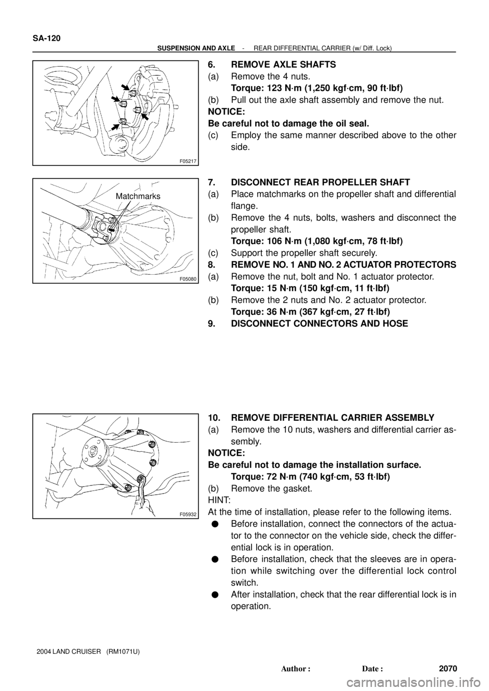 TOYOTA LAND CRUISER 1998  Factory Repair Manual F05217
F05080
Matchmarks
F05932
SA-120
- SUSPENSION AND AXLEREAR DIFFERENTIAL CARRIER (w/ Diff. Lock)
2070 Author: Date:
2004 LAND CRUISER   (RM1071U)
6. REMOVE AXLE SHAFTS
(a) Remove the 4 nuts.
To