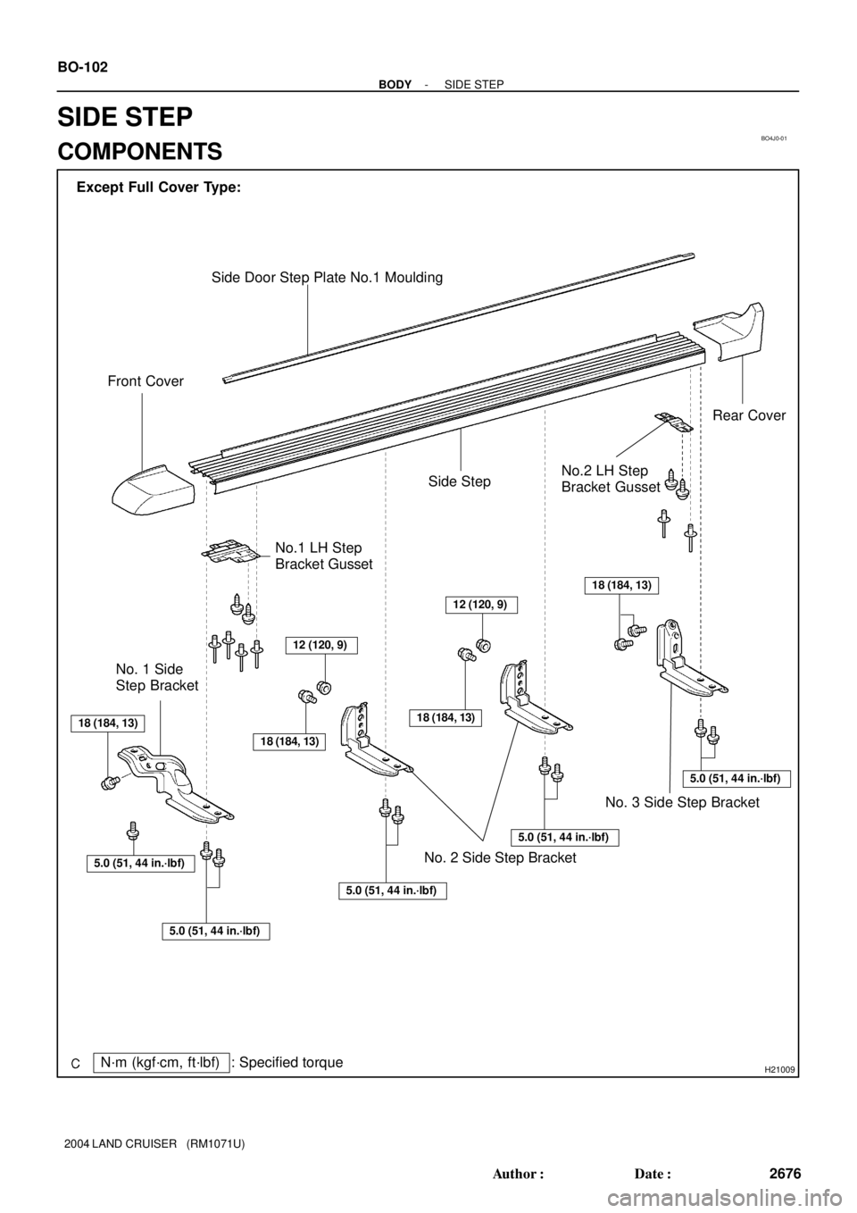 TOYOTA LAND CRUISER 1998  Factory Repair Manual BO4J0-01
H21009
Side Step Front Cover
Rear Cover
No. 1 Side
Step Bracket
No. 2 Side Step Bracket
: Specified torqueN´m (kgf´cm, ft´lbf)
18 (184, 13)
No. 3 Side Step Bracket
Except Full Cover Type:
