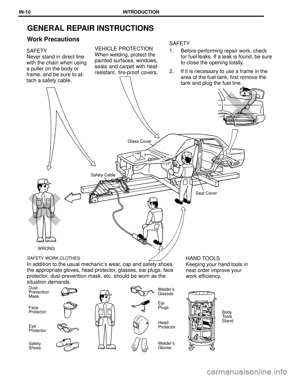 TOYOTA LAND CRUISER 1998  Factory Repair Manual GENERAL REPAIR INSTRUCTIONS
Work PrecautionsSAFETY
1. Before performing repair work, check
for fuel leaks. If a leak is found, be sure
to close the opening totally.
2. If it is necessary to use a fram