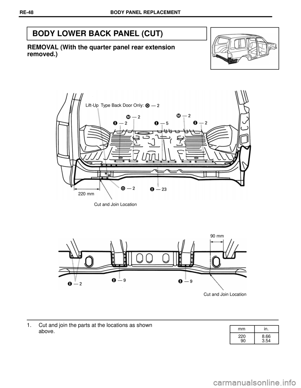 TOYOTA LAND CRUISER 1998  Factory Repair Manual mm in.
220
  908.66
3.54
BODY LOWER BACK PANEL (CUT)
REMOVAL (With the quarter panel rear extension
removed.)
Lift-Up  Type Back Door Only:
220 mm
Cut and Join Location
90 mm
Cut and Join Location
1. 