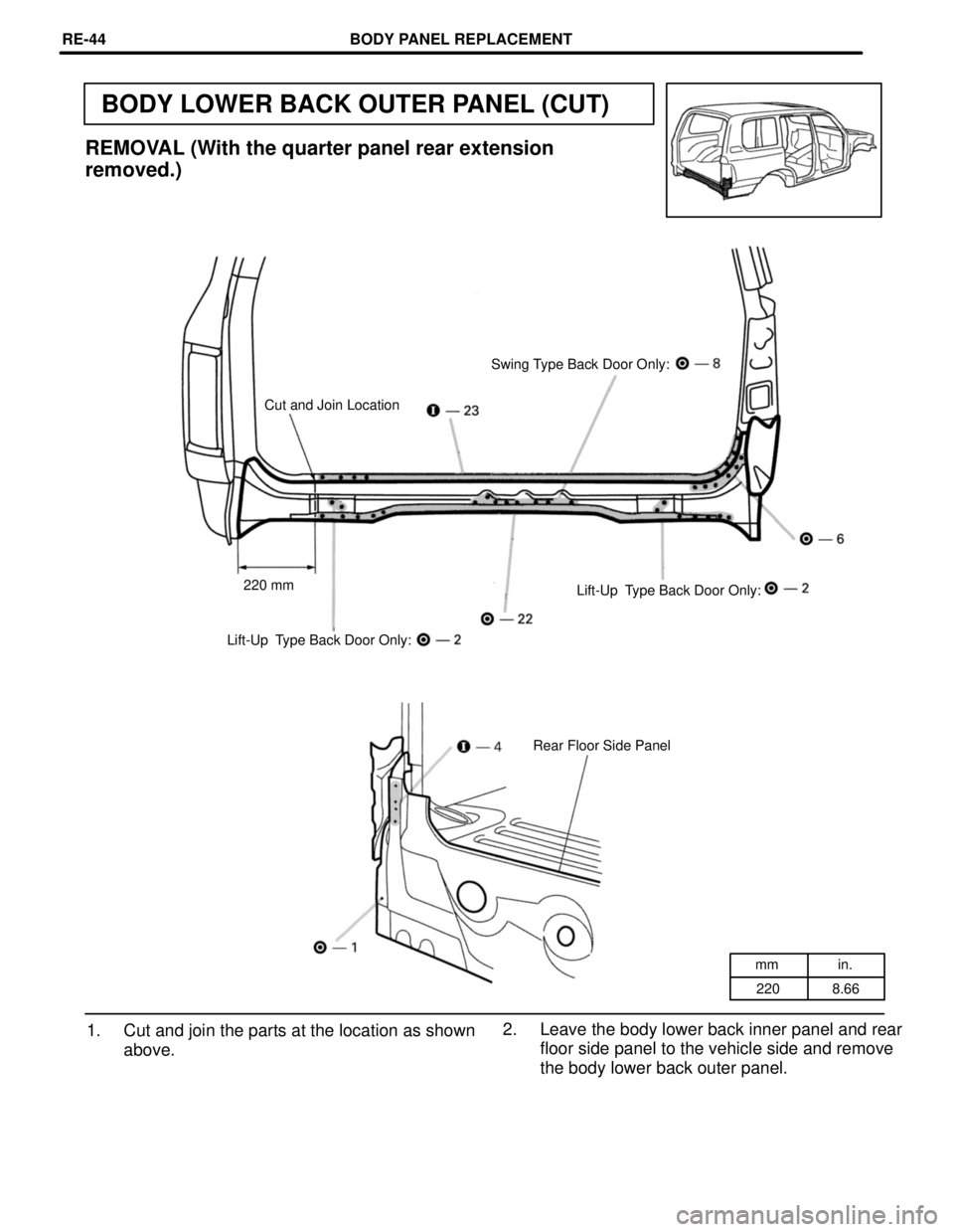 TOYOTA LAND CRUISER 1998  Factory Repair Manual mm in.
220 8.66
BODY LOWER BACK OUTER PANEL (CUT)
REMOVAL (With the quarter panel rear extension
removed.)
Swing Type Back Door Only:
Cut and Join Location
220 mm
Lift-Up  Type Back Door Only:
Lift-Up