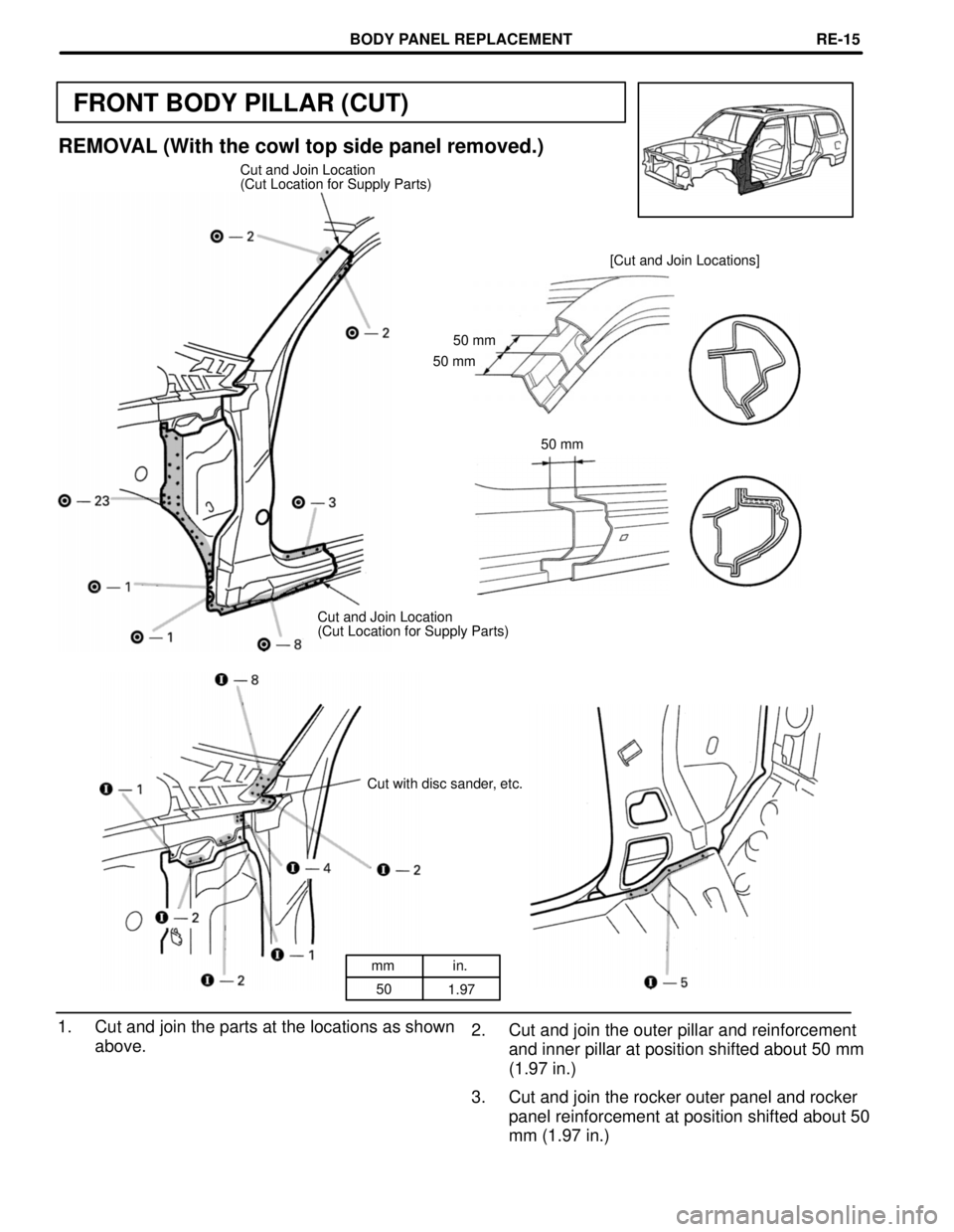 TOYOTA LAND CRUISER 1998  Factory Repair Manual mm in.
50
1.97
FRONT BODY PILLAR (CUT)
REMOVAL (With the cowl top side panel removed.)
Cut and Join Location
(Cut Location for Supply Parts)
[Cut and Join Locations]
50 mm
50 mm
50 mm
Cut and Join Loc