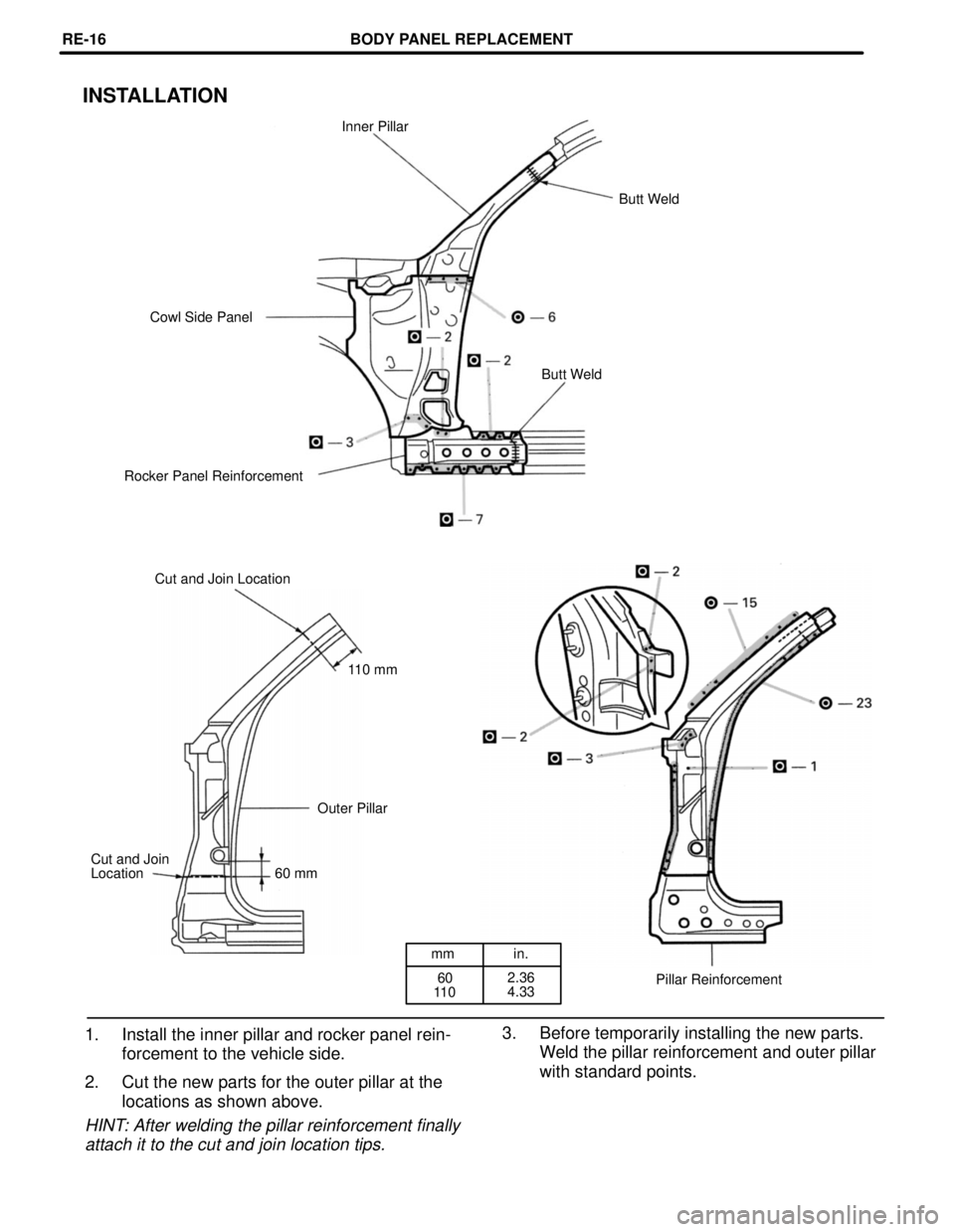 TOYOTA LAND CRUISER 1998  Factory Repair Manual mm in.
 60
11 02.36
4.33
INSTALLATION
Inner Pillar
Butt Weld
Cowl Side Panel
Butt Weld
Rocker Panel Reinforcement
Cut and Join Location
110 mm
Outer Pillar
Cut and Join
Location
60 mm
Pillar Reinforce
