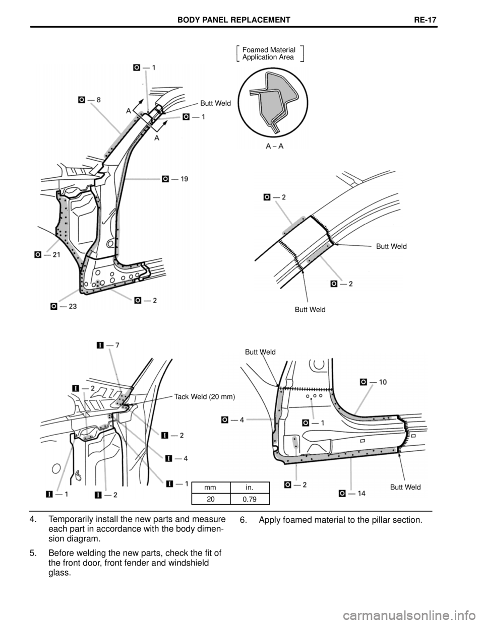 TOYOTA LAND CRUISER 1998  Factory Repair Manual mm in.
20
0.79 Foamed Material
Application Area
Butt Weld
Butt Weld
Butt Weld
Butt Weld
Tack Weld (20 mm)
Butt Weld
6. Apply foamed material to the pillar section. 4. Temporarily install the new parts
