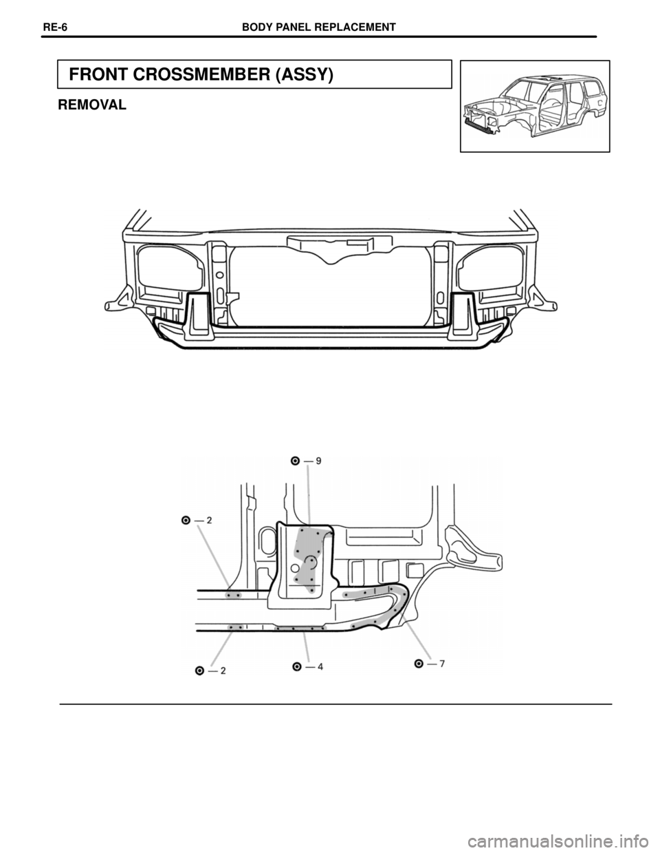 TOYOTA LAND CRUISER 1998 Factory Repair Manual FRONT CROSSMEMBER (ASSY)
REMOVAL
BODY PANEL REPLACEMENTRE-6 TOYOTA LAND CRUISER 1998 Factory Repair Manual FRONT CROSSMEMBER (ASSY)
REMOVAL
BODY PANEL REPLACEMENTRE-6