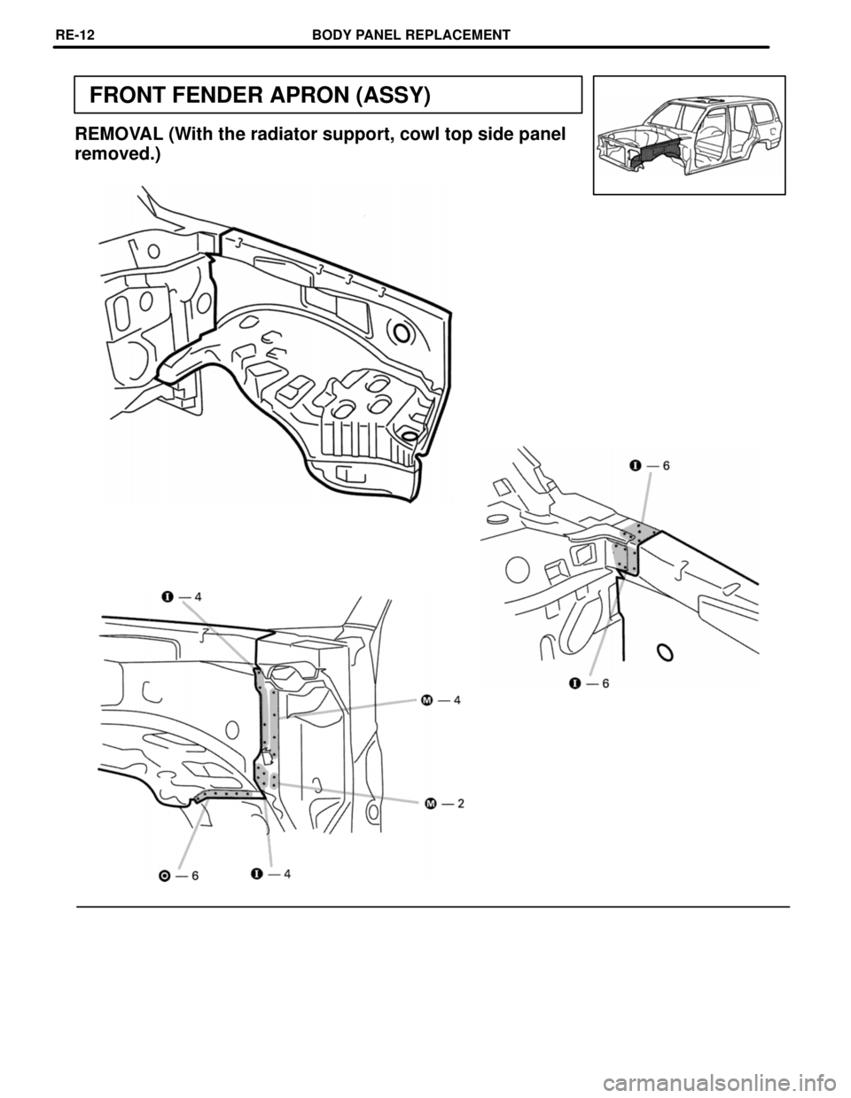 TOYOTA LAND CRUISER 1998 Factory Repair Manual FRONT FENDER APRON (ASSY)
REMOVAL (With the radiator support, cowl top side panel
removed.)
BODY PANEL REPLACEMENTRE-12 TOYOTA LAND CRUISER 1998 Factory Repair Manual FRONT FENDER APRON (ASSY)
REMOVAL (With the radiator support, cowl top side panel
removed.)
BODY PANEL REPLACEMENTRE-12