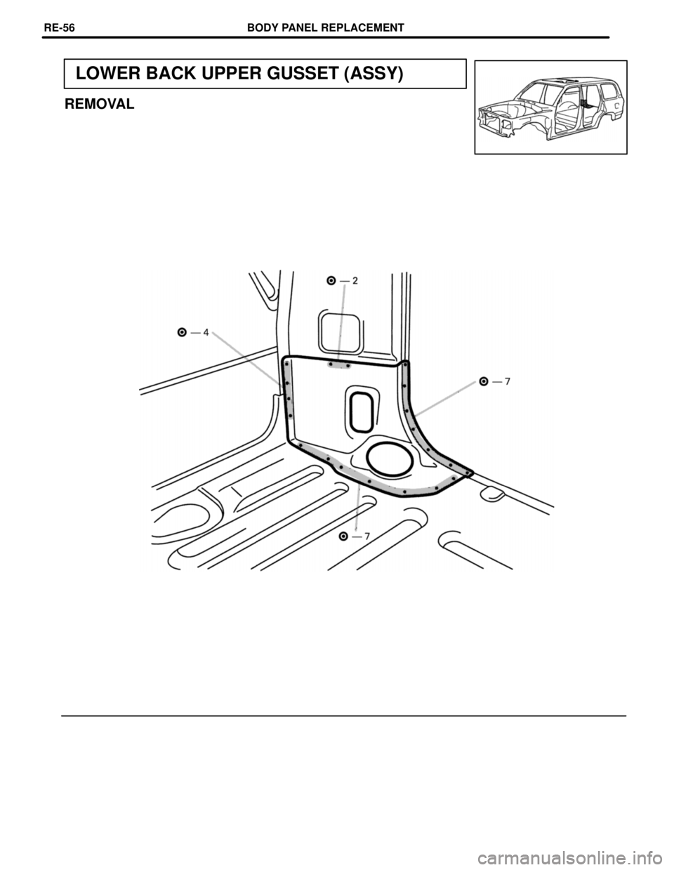 TOYOTA LAND CRUISER 1998 Factory Repair Manual LOWER BACK UPPER GUSSET (ASSY)
REMOVAL
BODY PANEL REPLACEMENTRE-56 TOYOTA LAND CRUISER 1998 Factory Repair Manual LOWER BACK UPPER GUSSET (ASSY)
REMOVAL
BODY PANEL REPLACEMENTRE-56