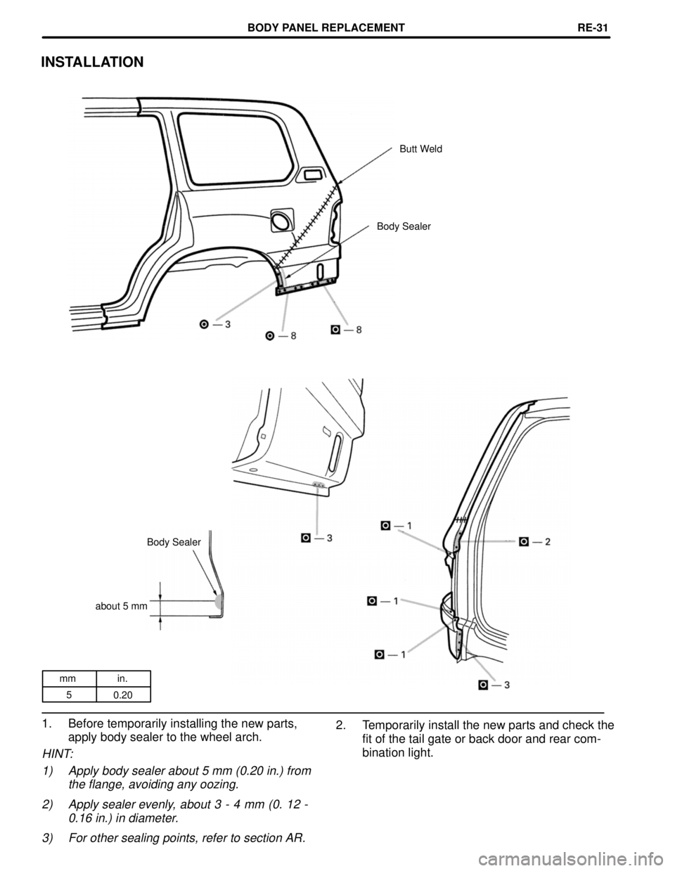 TOYOTA LAND CRUISER 1998  Factory Repair Manual mm in.
5
0.20
INSTALLATION
Butt Weld
Body Sealer
Body Sealer
about 5 mm
2. Temporarily install the new parts and check the
fit of the tail gate or back door and rear com-
bination light. 1. Before tem