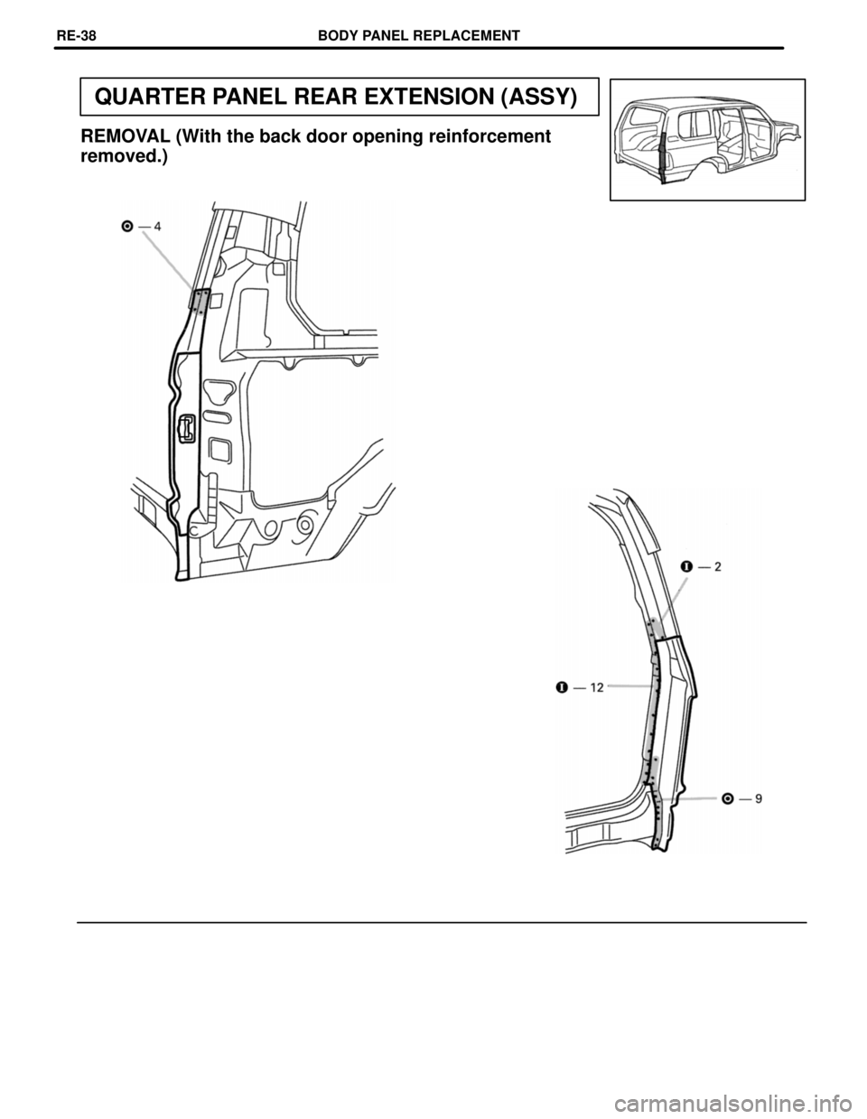 TOYOTA LAND CRUISER 1998  Factory Repair Manual QUARTER PANEL REAR EXTENSION (ASSY)
REMOVAL (With the back door opening reinforcement
removed.)
BODY PANEL REPLACEMENTRE-38 