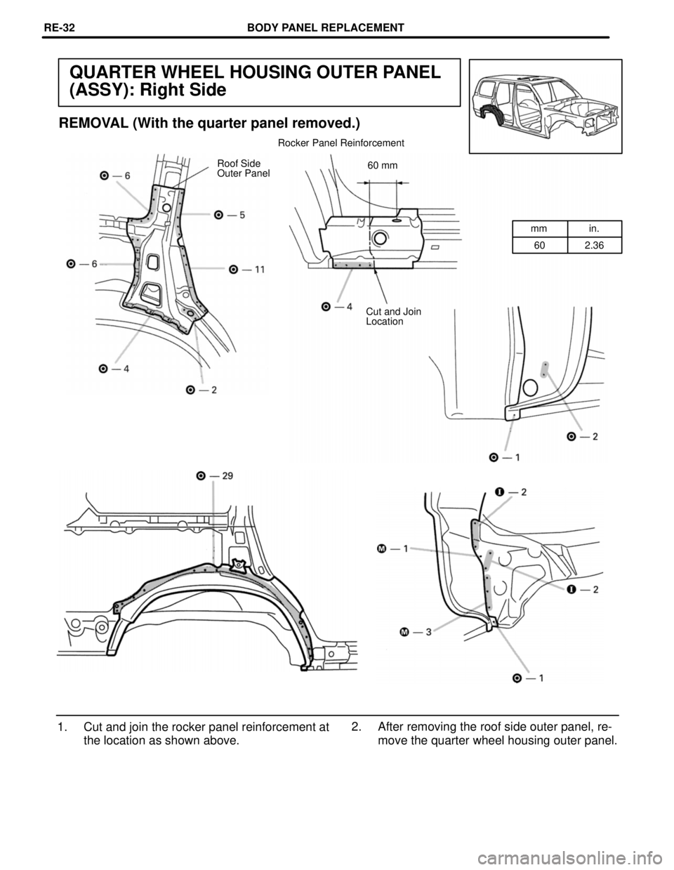 TOYOTA LAND CRUISER 1998  Factory Repair Manual mm in.
60
2.36
QUARTER WHEEL HOUSING OUTER PANEL
(ASSY): Right Side
REMOVAL (With the quarter panel removed.)
60 mm Roof Side
Outer Panel
Cut and Join
Location
1. Cut and join the rocker panel reinfor