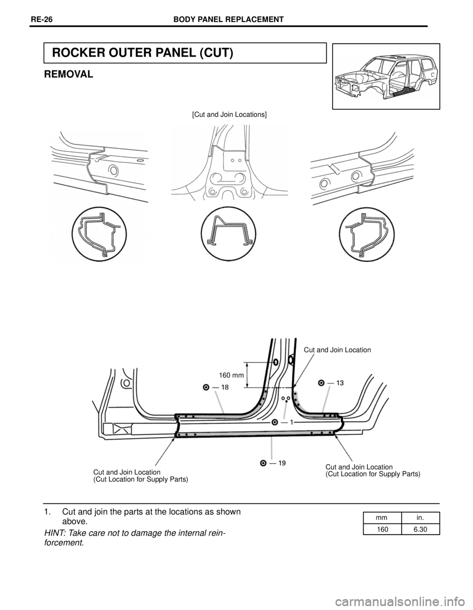 TOYOTA LAND CRUISER 1998  Factory Repair Manual mm in.
160 6.30
ROCKER OUTER PANEL (CUT)
REMOVAL
[Cut and Join Locations]
Cut and Join Location
160 mm
Cut and Join Location
(Cut Location for Supply Parts) Cut and Join Location
(Cut Location for Sup