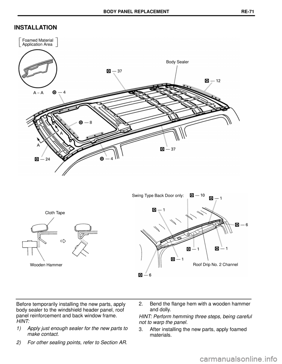 TOYOTA LAND CRUISER 1998  Factory Repair Manual INSTALLATION
Foamed Material
Application Area
Body Sealer
Swing Type Back Door only:
Cloth Tape
Roof Drip No. 2 Channel
Wooden Hammer
2. Bend the flange hem with a wooden hammer
and dolly.
HINT: Perfo