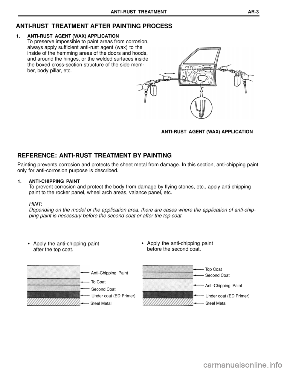 TOYOTA LAND CRUISER 1998  Factory Repair Manual Under coat (ED Primer) Second Coat
ANTI-RUST  TREATMENT AFTER PAINTING PROCESS
1. ANTI-RUST  AGENT (WAX) APPLICATION
To preserve impossible to paint areas from corrosion,
always apply sufficient anti-