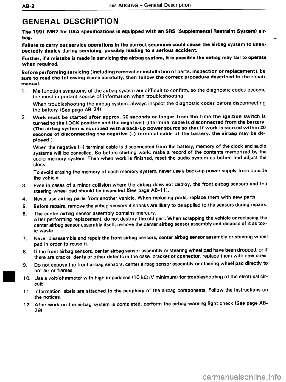 TOYOTA MR-2 1991 Factory Repair Manual TOYOTA MR-2 1991 Factory Repair Manual