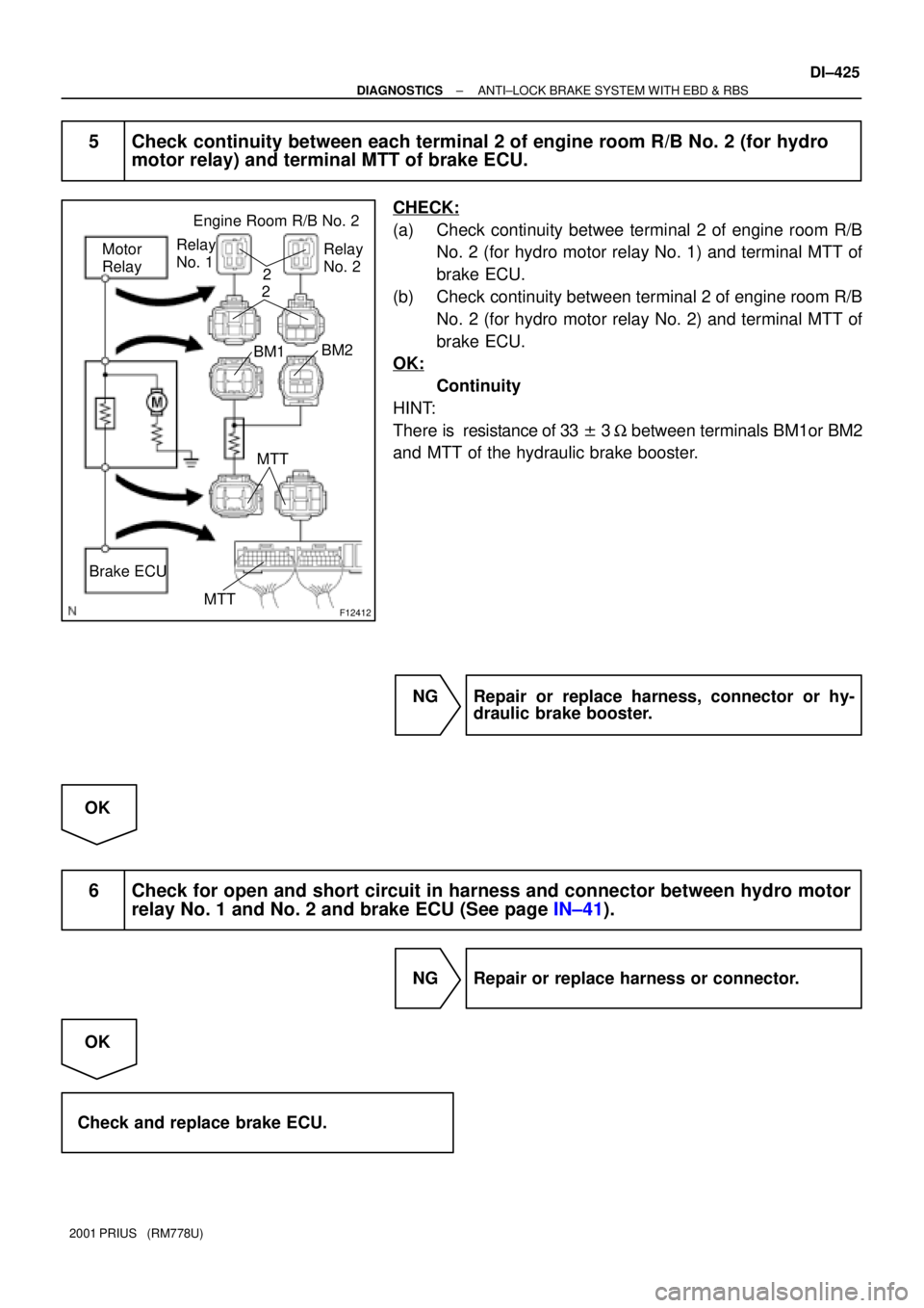 TOYOTA PRIUS 2001 Service Repair Manual F12412
Relay
No. 1
2
Brake ECU
MTT Motor
RelayRelay
No. 2 Engine Room R/B No. 2
MTT
2
BM1BM2
± DIAGNOSTICSANTI±LOCK BRAKE SYSTEM WITH EBD & RBS
DI±425
2001 PRIUS (RM778U)
5 Check continuity betw TOYOTA PRIUS 2001 Service Repair Manual F12412
Relay
No. 1
2
Brake ECU
MTT Motor
RelayRelay
No. 2 Engine Room R/B No. 2
MTT
2
BM1BM2
± DIAGNOSTICSANTI±LOCK BRAKE SYSTEM WITH EBD & RBS
DI±425
2001 PRIUS (RM778U)
5 Check continuity betw
