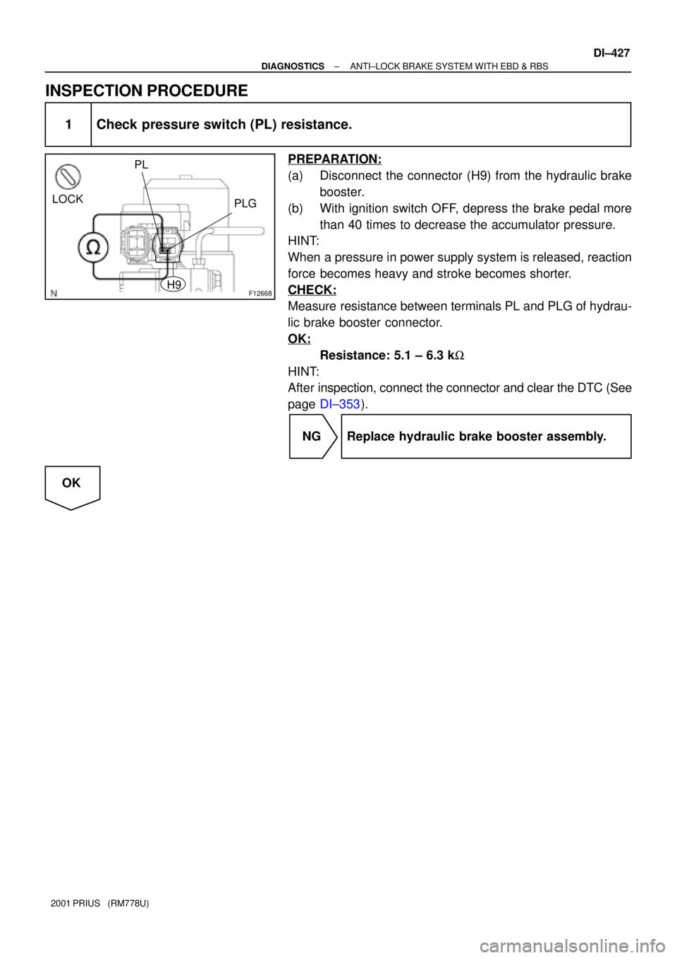 TOYOTA PRIUS 2001 Service Repair Manual F12668
LOCK
PLG PL
H9
± DIAGNOSTICSANTI±LOCK BRAKE SYSTEM WITH EBD & RBS
DI±427
2001 PRIUS (RM778U)
INSPECTION PROCEDURE
1 Check pressure switch (PL) resistance.
PREPARATION:
(a) Disconnect the c TOYOTA PRIUS 2001 Service Repair Manual F12668
LOCK
PLG PL
H9
± DIAGNOSTICSANTI±LOCK BRAKE SYSTEM WITH EBD & RBS
DI±427
2001 PRIUS (RM778U)
INSPECTION PROCEDURE
1 Check pressure switch (PL) resistance.
PREPARATION:
(a) Disconnect the c