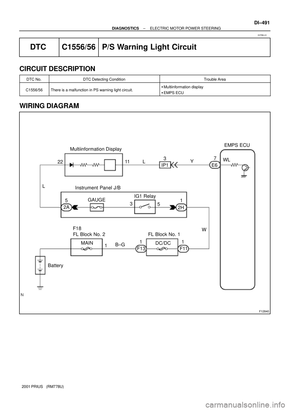 TOYOTA PRIUS 2001  Service Repair Manual F12840
EMPS ECU
WL
E67
Y 3
IP1 L 11 Multiinformation Display
22
L
Instrument Panel J/B
IG1 Relay
3
51
2H GAUGE
2A5
W
FL Block No. 1
1
F11 F131
B±G
1 MAIN FL Block No. 2 F18
BatteryDC/DC
± DIAGNOSTIC