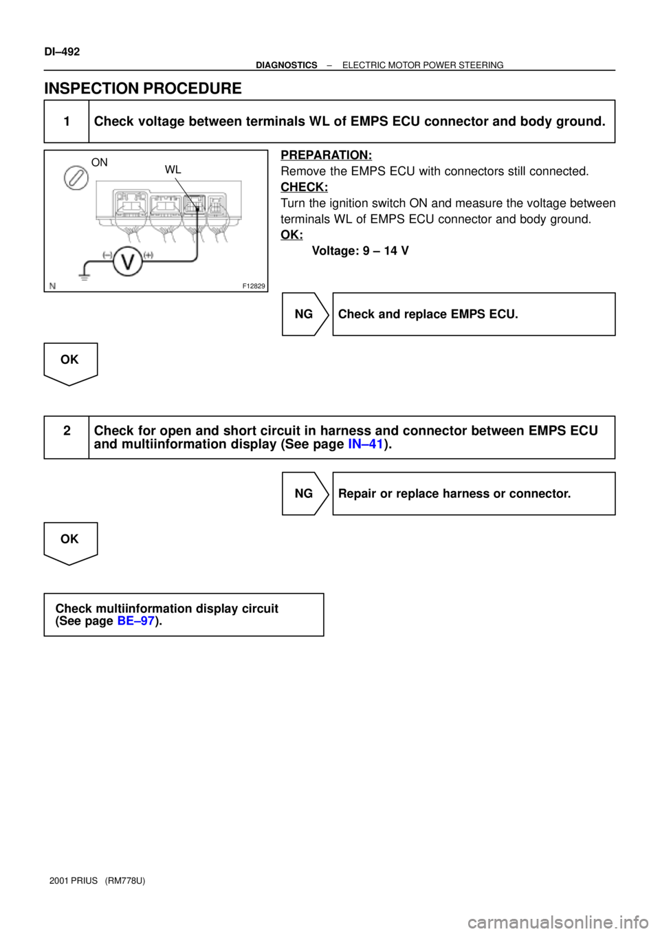 TOYOTA PRIUS 2001  Service Repair Manual F12829
ON
WL
DI±492
± DIAGNOSTICSELECTRIC MOTOR POWER STEERING
2001 PRIUS   (RM778U)
INSPECTION PROCEDURE
1 Check voltage between terminals WL of EMPS ECU connector and body ground.
PREPARATION:
Rem