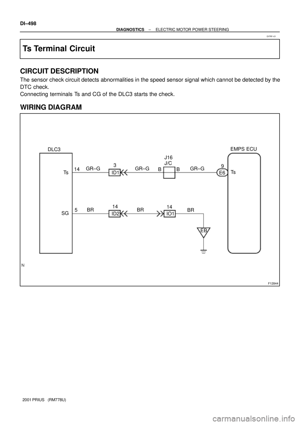 TOYOTA PRIUS 2001 Service Repair Manual F12844
EMPS ECU
Ts
E69
B BJ16
J/C
3
ID1 GR±G
14
Ts
5
SGBR14
ID2BR
BR 14
IO1
EB DLC3
GR±G GR±G DI±498
± DIAGNOSTICSELECTRIC MOTOR POWER STEERING
2001 PRIUS (RM778U)
Ts Terminal Circuit
CIRCUIT TOYOTA PRIUS 2001 Service Repair Manual F12844
EMPS ECU
Ts
E69
B BJ16
J/C
3
ID1 GR±G
14
Ts
5
SGBR14
ID2BR
BR 14
IO1
EB DLC3
GR±G GR±G DI±498
± DIAGNOSTICSELECTRIC MOTOR POWER STEERING
2001 PRIUS (RM778U)
Ts Terminal Circuit
CIRCUIT