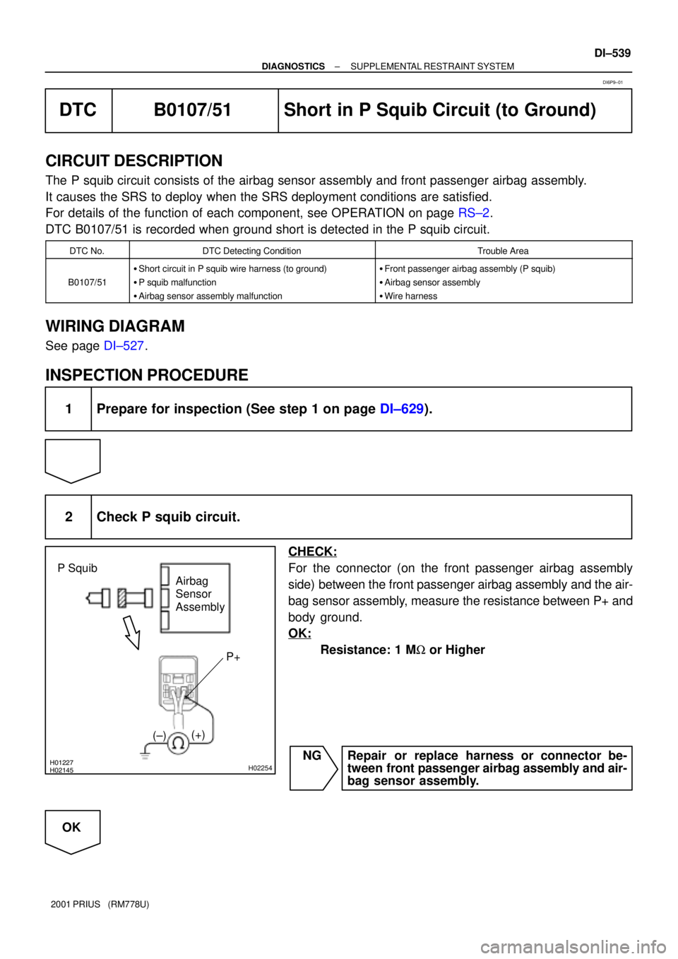 TOYOTA PRIUS 2001 Service Repair Manual H01227H02145H02254
P Squib
Airbag
Sensor
Assembly
(+)
(±)P+
± DIAGNOSTICSSUPPLEMENTAL RESTRAINT SYSTEM
DI±539
2001 PRIUS (RM778U)
DTC B0107/51 Short in P Squib Circuit (to Ground)
CIRCUIT DESCR TOYOTA PRIUS 2001 Service Repair Manual H01227H02145H02254
P Squib
Airbag
Sensor
Assembly
(+)
(±)P+
± DIAGNOSTICSSUPPLEMENTAL RESTRAINT SYSTEM
DI±539
2001 PRIUS (RM778U)
DTC B0107/51 Short in P Squib Circuit (to Ground)
CIRCUIT DESCR