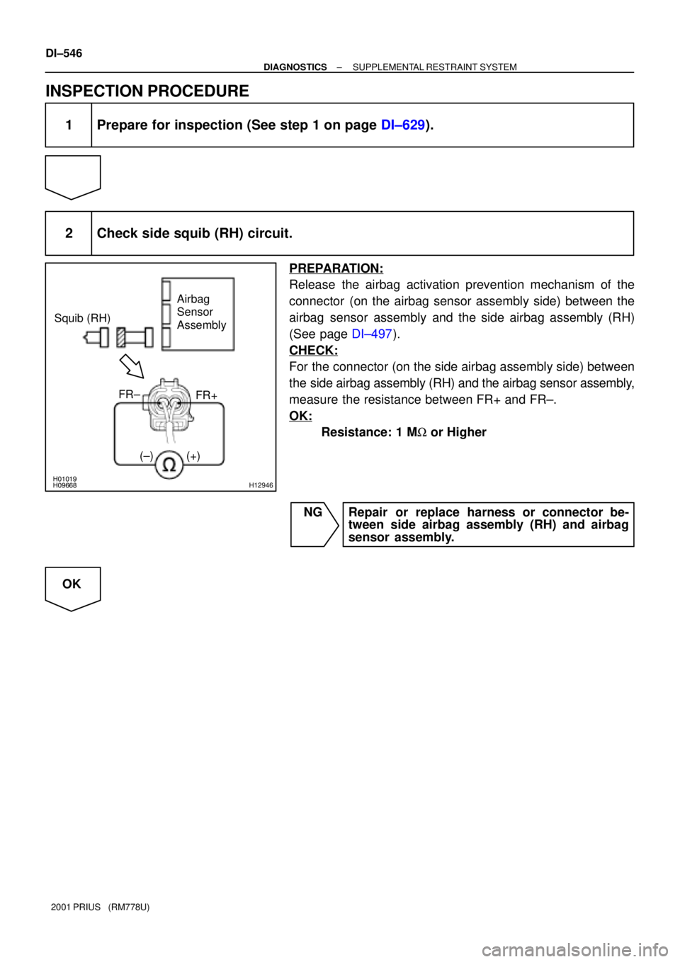 TOYOTA PRIUS 2001 Service Repair Manual H01019H09668H12946
Squib (RH)Airbag
Sensor
Assembly
FR+
(±) (+) FR±
DI±546
± DIAGNOSTICSSUPPLEMENTAL RESTRAINT SYSTEM
2001 PRIUS (RM778U)
INSPECTION PROCEDURE
1 Prepare for inspection (See ste TOYOTA PRIUS 2001 Service Repair Manual H01019H09668H12946
Squib (RH)Airbag
Sensor
Assembly
FR+
(±) (+) FR±
DI±546
± DIAGNOSTICSSUPPLEMENTAL RESTRAINT SYSTEM
2001 PRIUS (RM778U)
INSPECTION PROCEDURE
1 Prepare for inspection (See ste