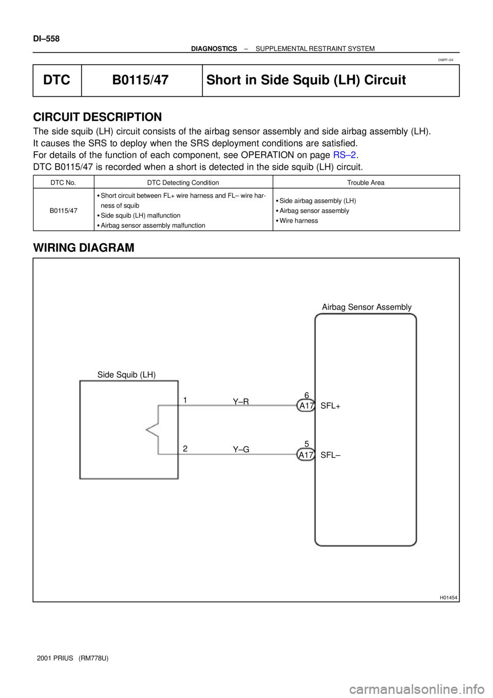 TOYOTA PRIUS 2001 Service Repair Manual H01454
Side Squib (LH)Airbag Sensor Assembly
SFL+
SFL± Y±R
Y±G 1
25 6
A17
A17 DI±558
± DIAGNOSTICSSUPPLEMENTAL RESTRAINT SYSTEM
2001 PRIUS (RM778U)
DTC B0115/47 Short in Side Squib (LH) Circuit TOYOTA PRIUS 2001 Service Repair Manual H01454
Side Squib (LH)Airbag Sensor Assembly
SFL+
SFL± Y±R
Y±G 1
25 6
A17
A17 DI±558
± DIAGNOSTICSSUPPLEMENTAL RESTRAINT SYSTEM
2001 PRIUS (RM778U)
DTC B0115/47 Short in Side Squib (LH) Circuit