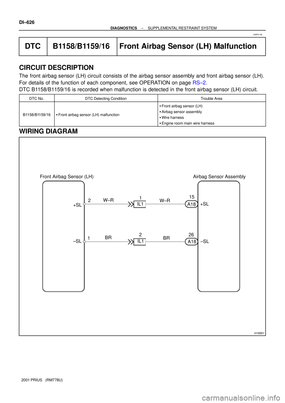 TOYOTA PRIUS 2001 Service Repair Manual H16901
Airbag Sensor Assembly Front Airbag Sensor (LH)
+SL
±SL A1815
26 2
1 +SLIL1
±SL IL121
A18 W±R
BR
BR W±R DI±626
± DIAGNOSTICSSUPPLEMENTAL RESTRAINT SYSTEM
2001 PRIUS (RM778U)
DTC B1158/B TOYOTA PRIUS 2001 Service Repair Manual H16901
Airbag Sensor Assembly Front Airbag Sensor (LH)
+SL
±SL A1815
26 2
1 +SLIL1
±SL IL121
A18 W±R
BR
BR W±R DI±626
± DIAGNOSTICSSUPPLEMENTAL RESTRAINT SYSTEM
2001 PRIUS (RM778U)
DTC B1158/B